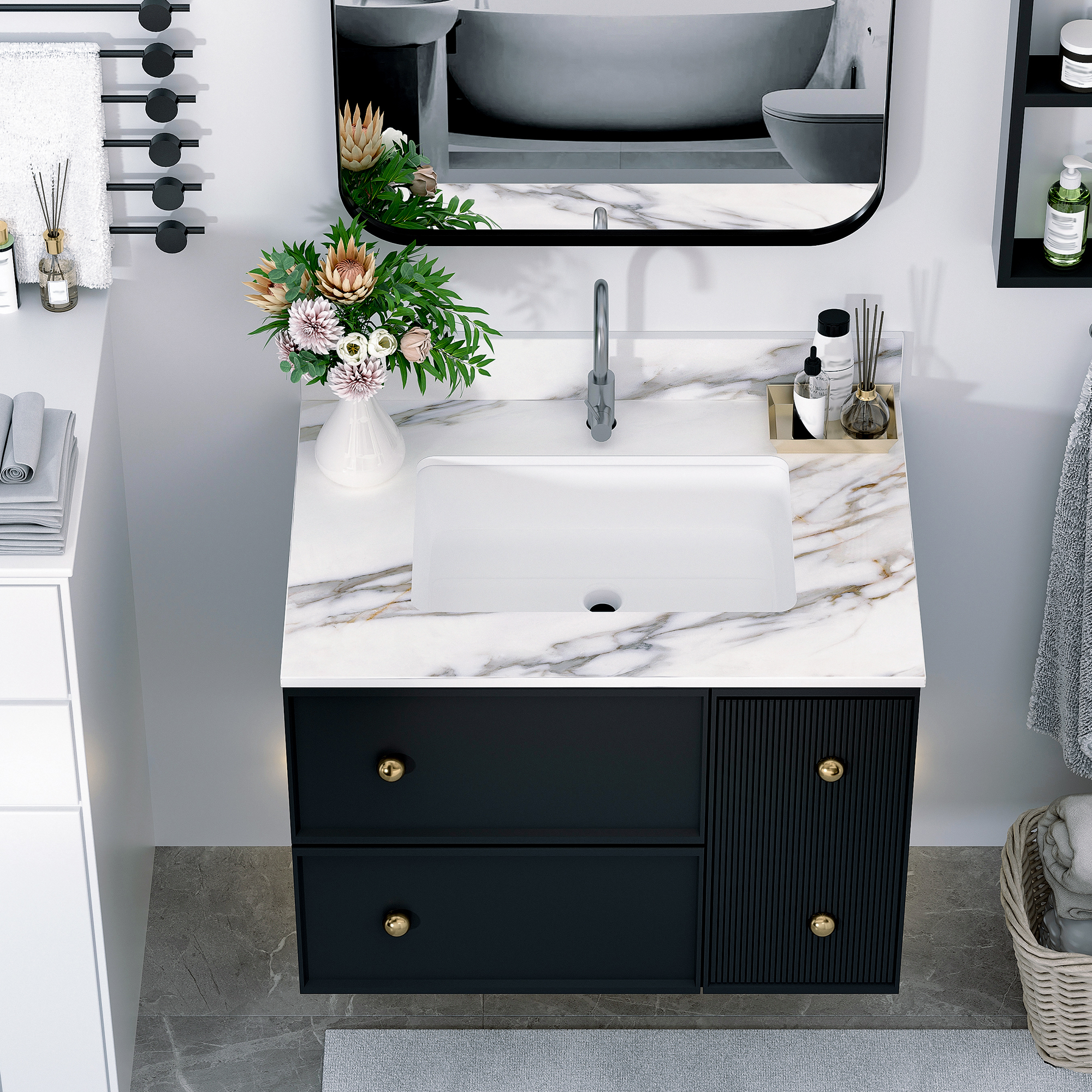 31" Sintered Stone Bathroom Vanity Top with Undermount Rectangular Sink - Carrara White Marble Countertop with 4" Backsplash
