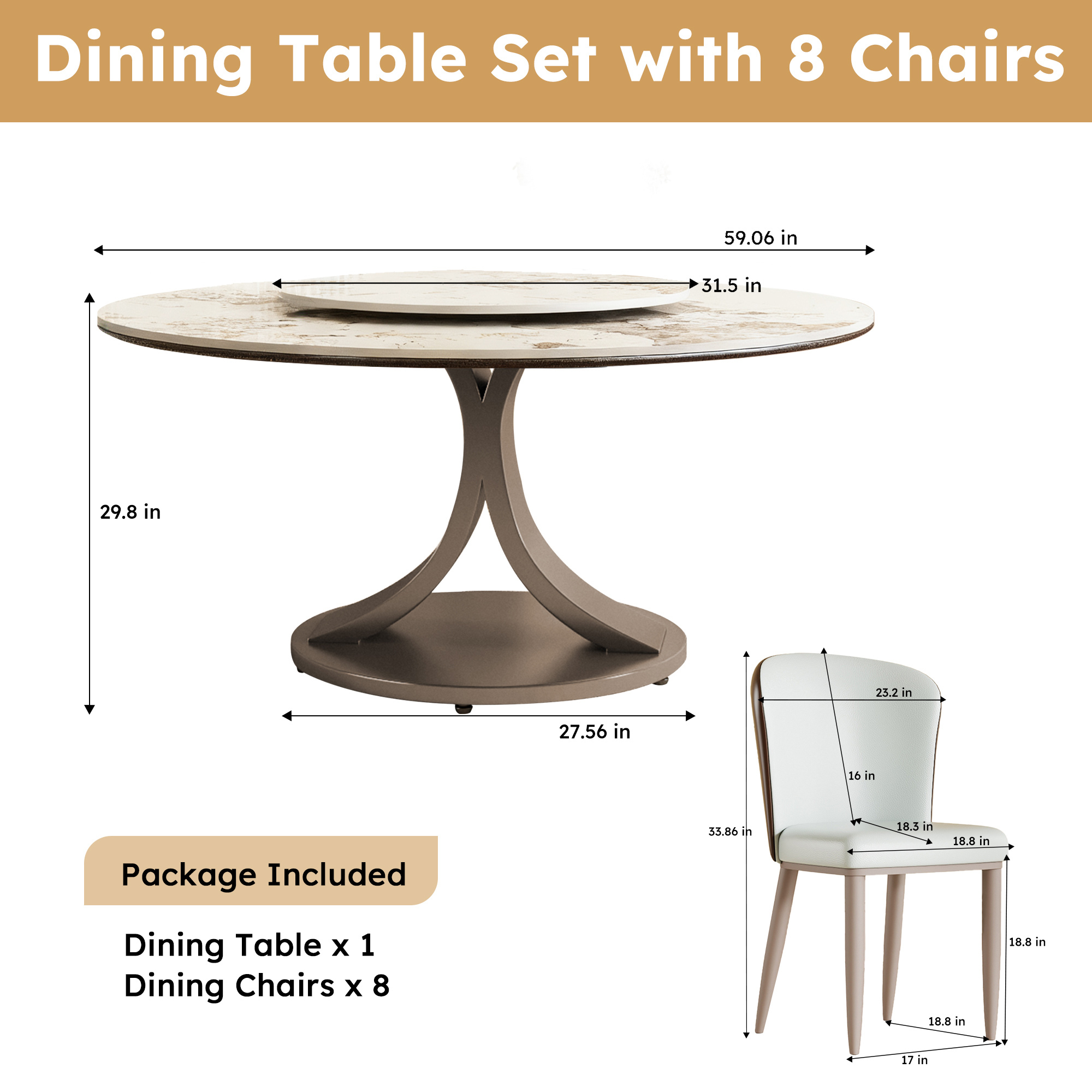 59" Round Dining Table Set with 360° Rotating Lazy Susan - Scratch & Heat Resistant Sintered Stone Top, Stainless Steel Base for Modern Kitchen
