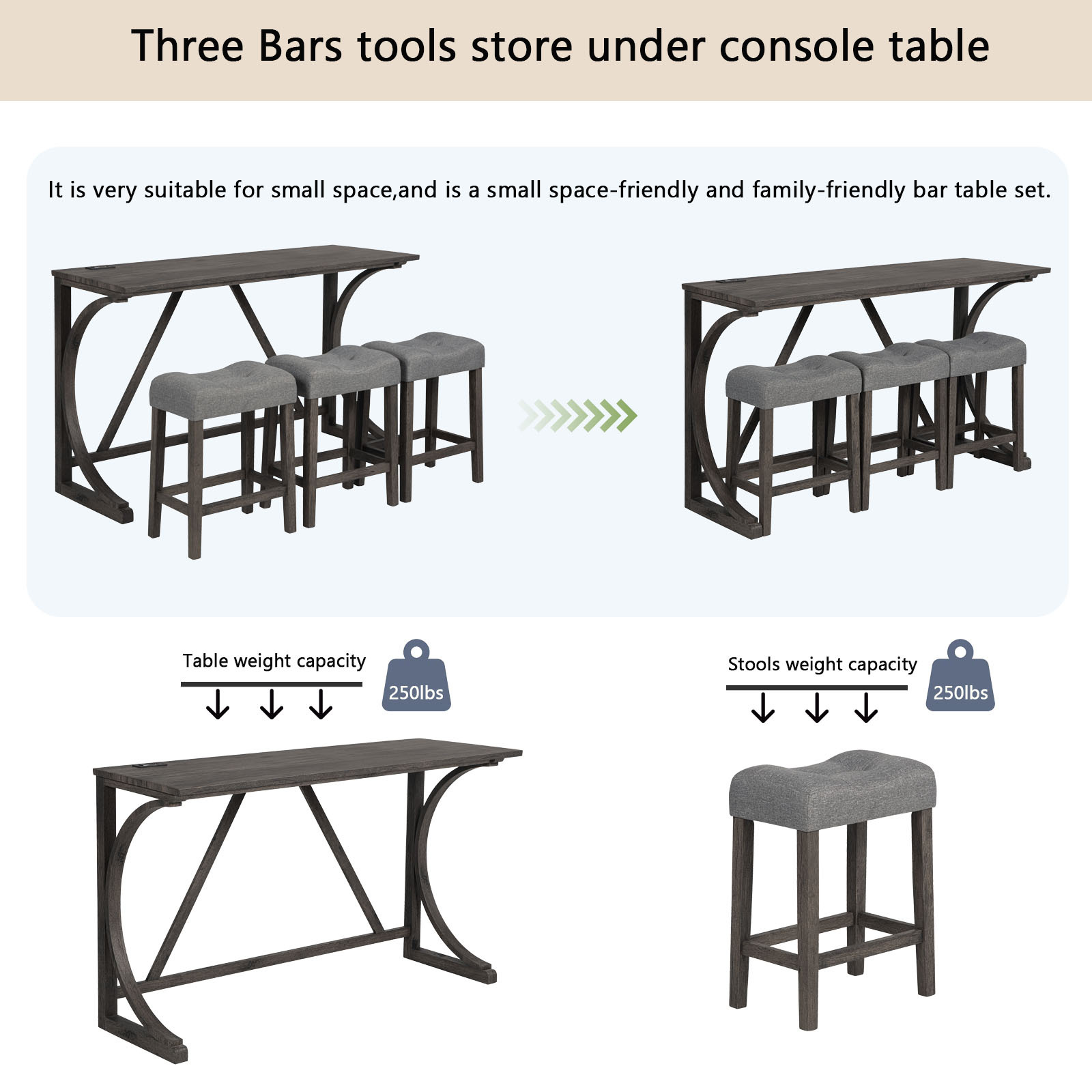 4-Piece Bar Table Set with Power Outlet & USB Ports, Dark Gray Dining Counter Height Pub Table and 3 Padded Stools for Kitchen, Living Room