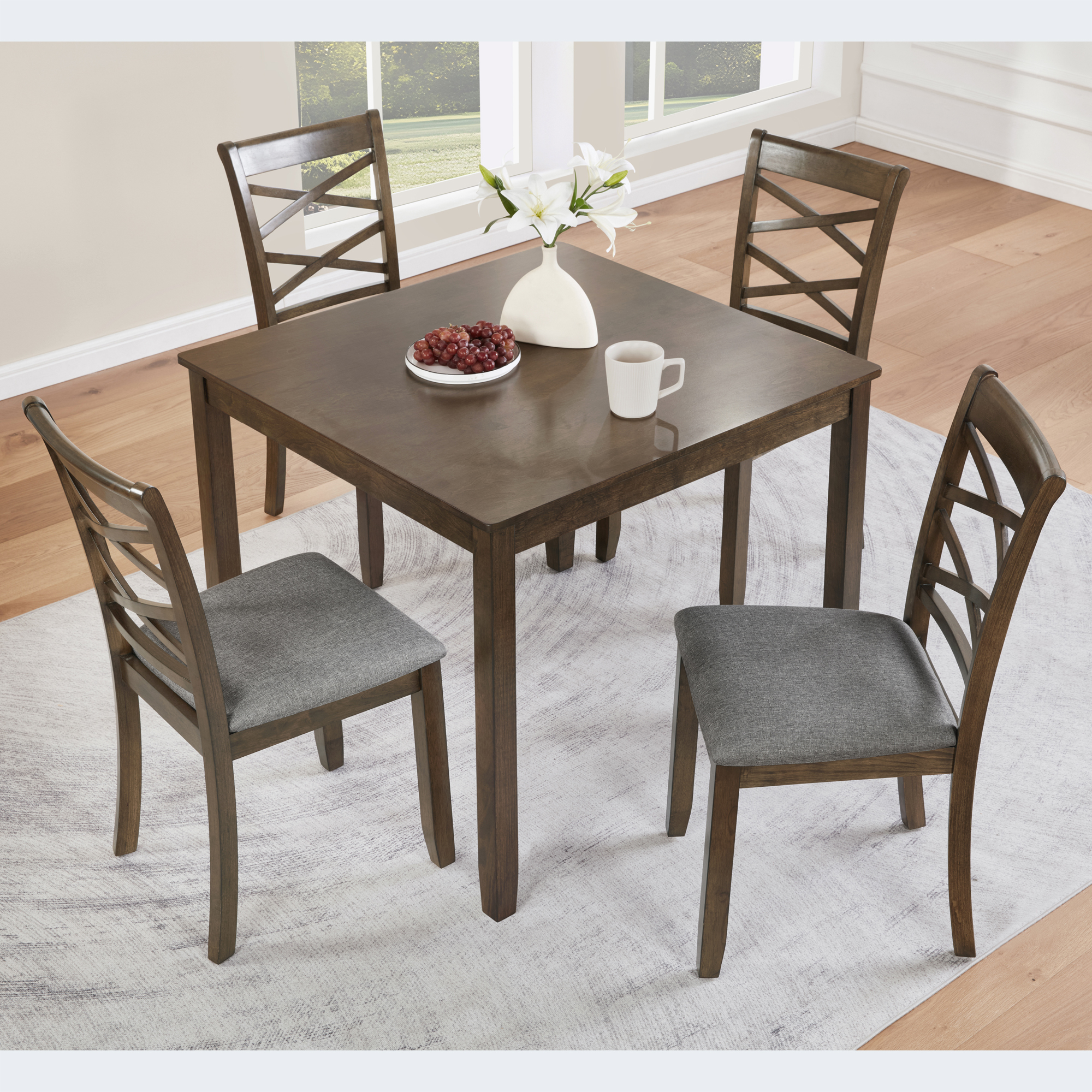 Modern 5-Piece Square Dining Table Set for 4, Walnut Finish Wood Kitchen Table with Upholstered Chairs