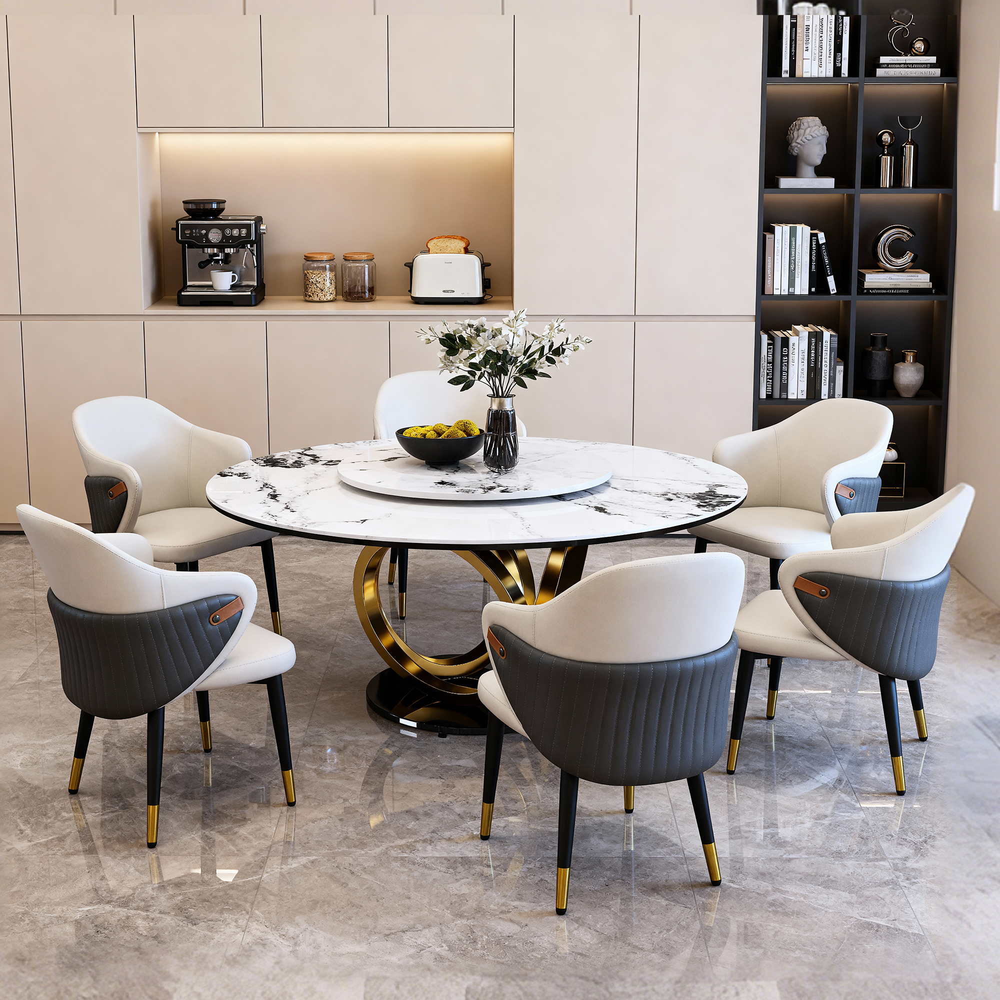 59" Round Dining Table Set with 360° Rotating Lazy Susan - Modern Sintered Stone Marble Top Kitchen Table for 6