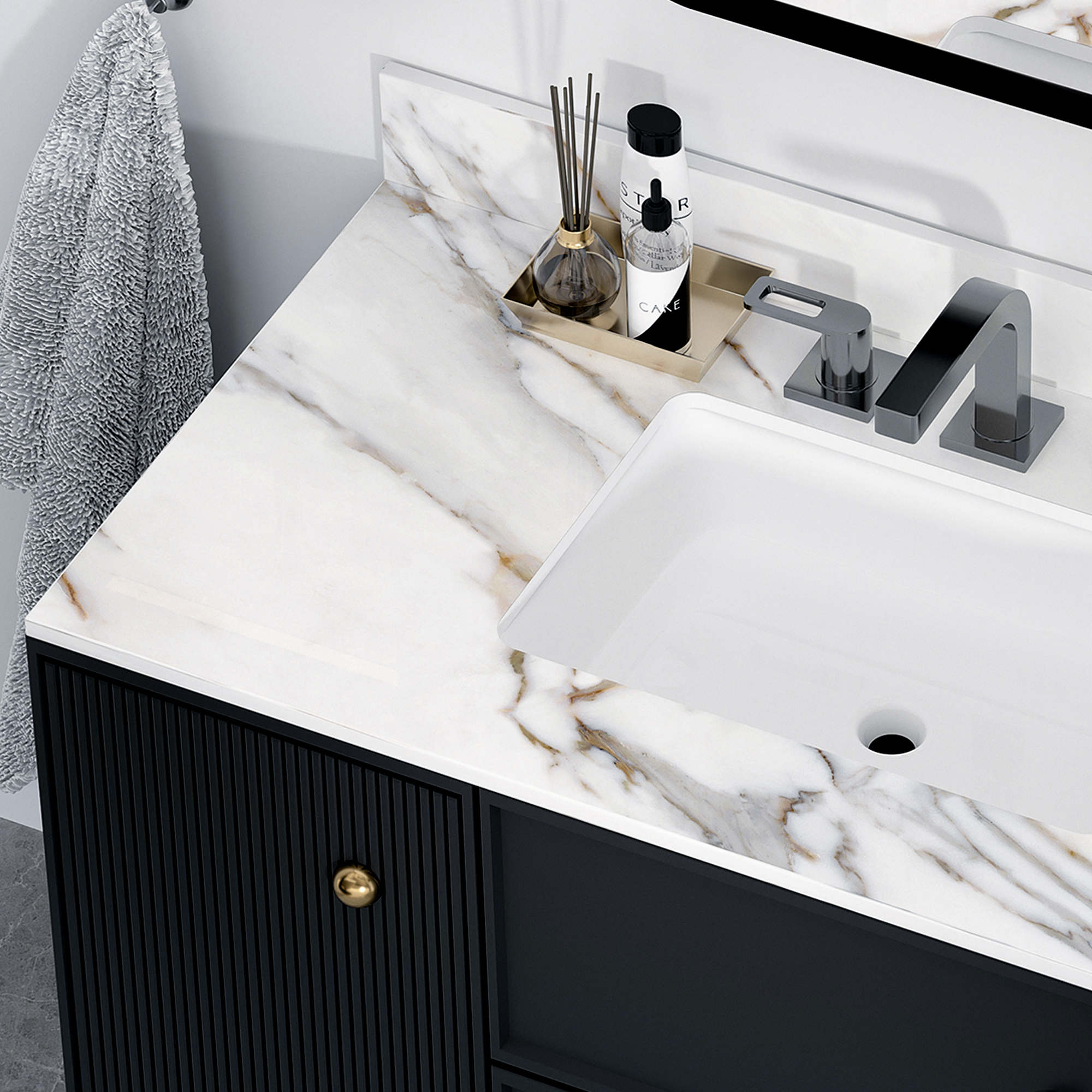 43 Inch Sintered Stone Vanity Top with Undermount Rectangular Sink, Carrara White Marble Bathroom Countertop with 4-Inch Backsplash & Pre-Drilled Faucet Holes