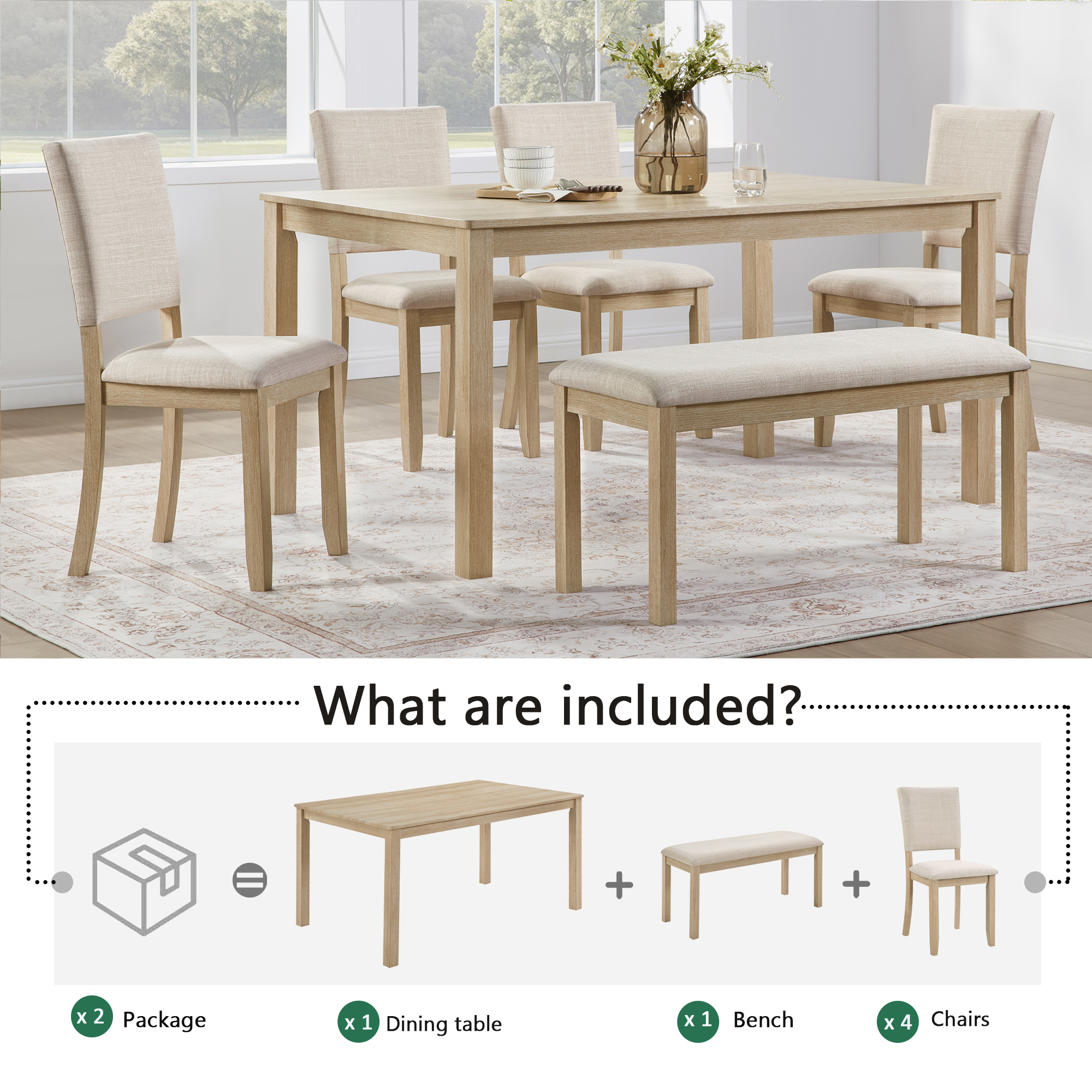 Modern 6-Piece Dining Set with Bench & 4 Chairs - Light Oak Rectangular Kitchen Table Ensemble