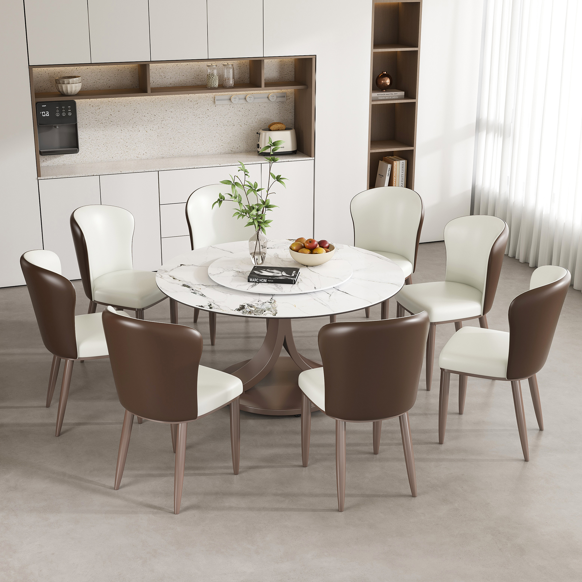53" Round Sintered Stone Dining Table Set with Rotating Lazy Susan & 8 Modern Chairs - Scratch Resistant Luxury Kitchen Furniture