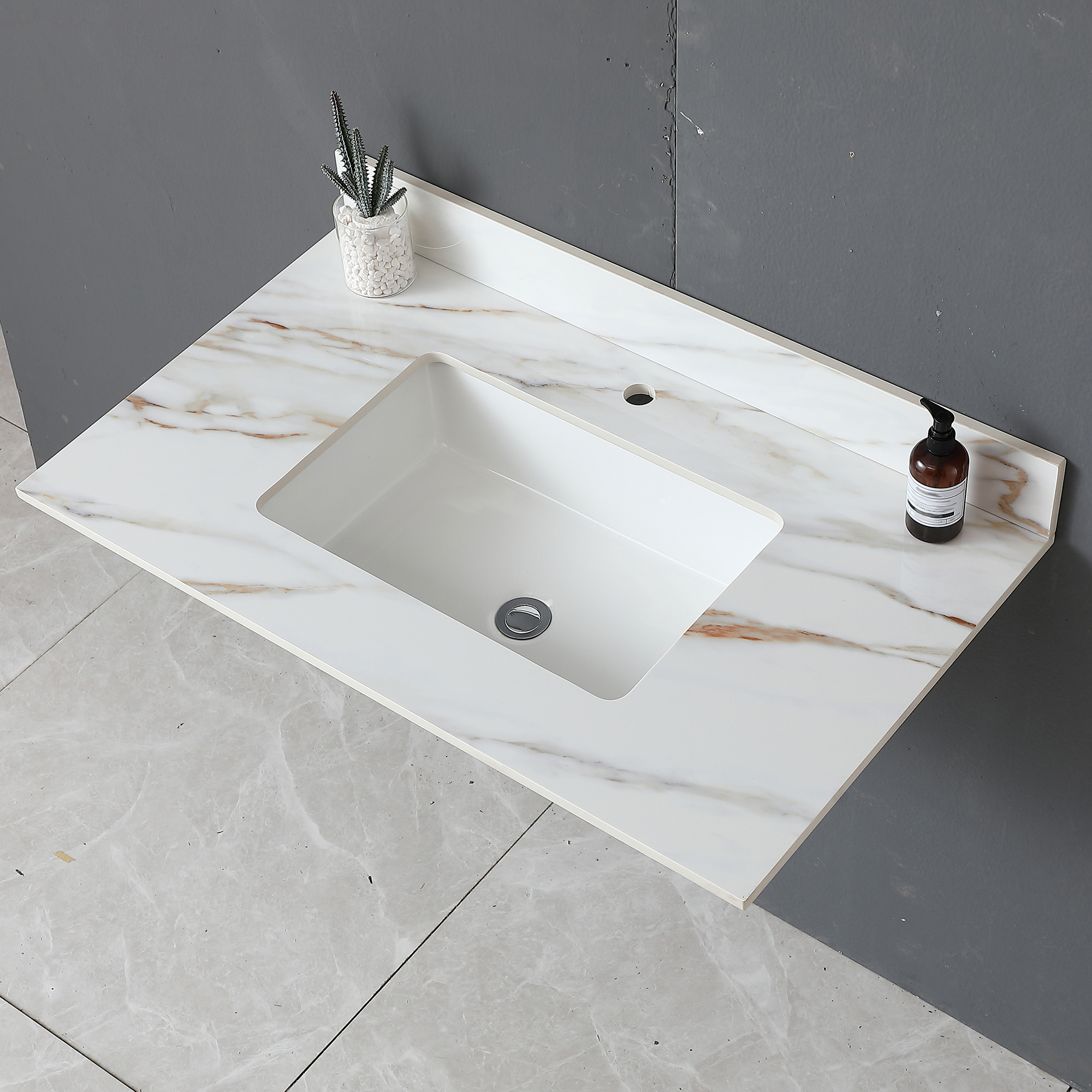 37" Sintered Stone Bathroom Vanity Top with Undermount Rectangular Sink - Carrara White Marble Countertop with 4" Backsplash