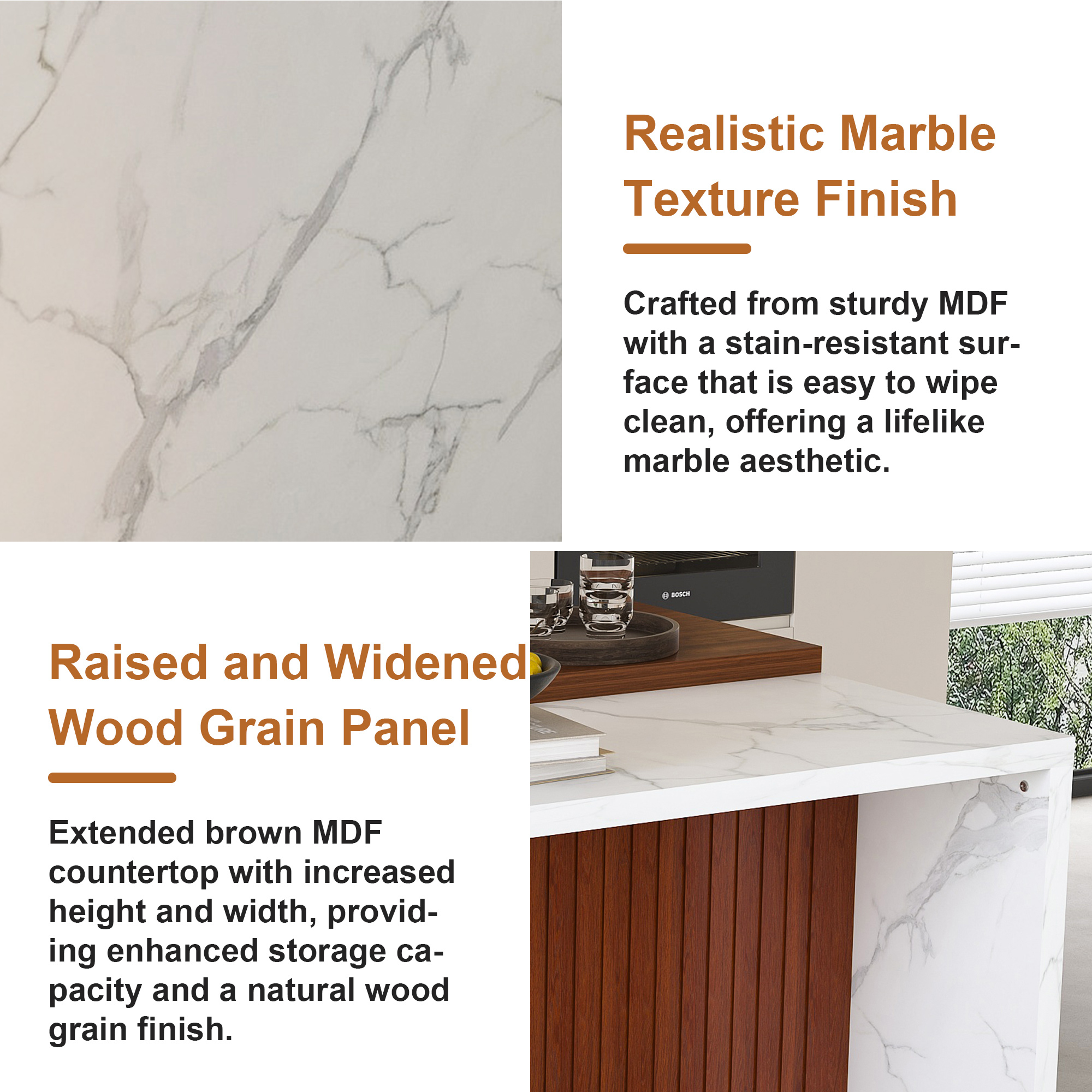 63" Modern Kitchen Island Set with LED Lighting & 4 Beige Bar Stools - White Marble Look Dining Table for Open Concept Spaces