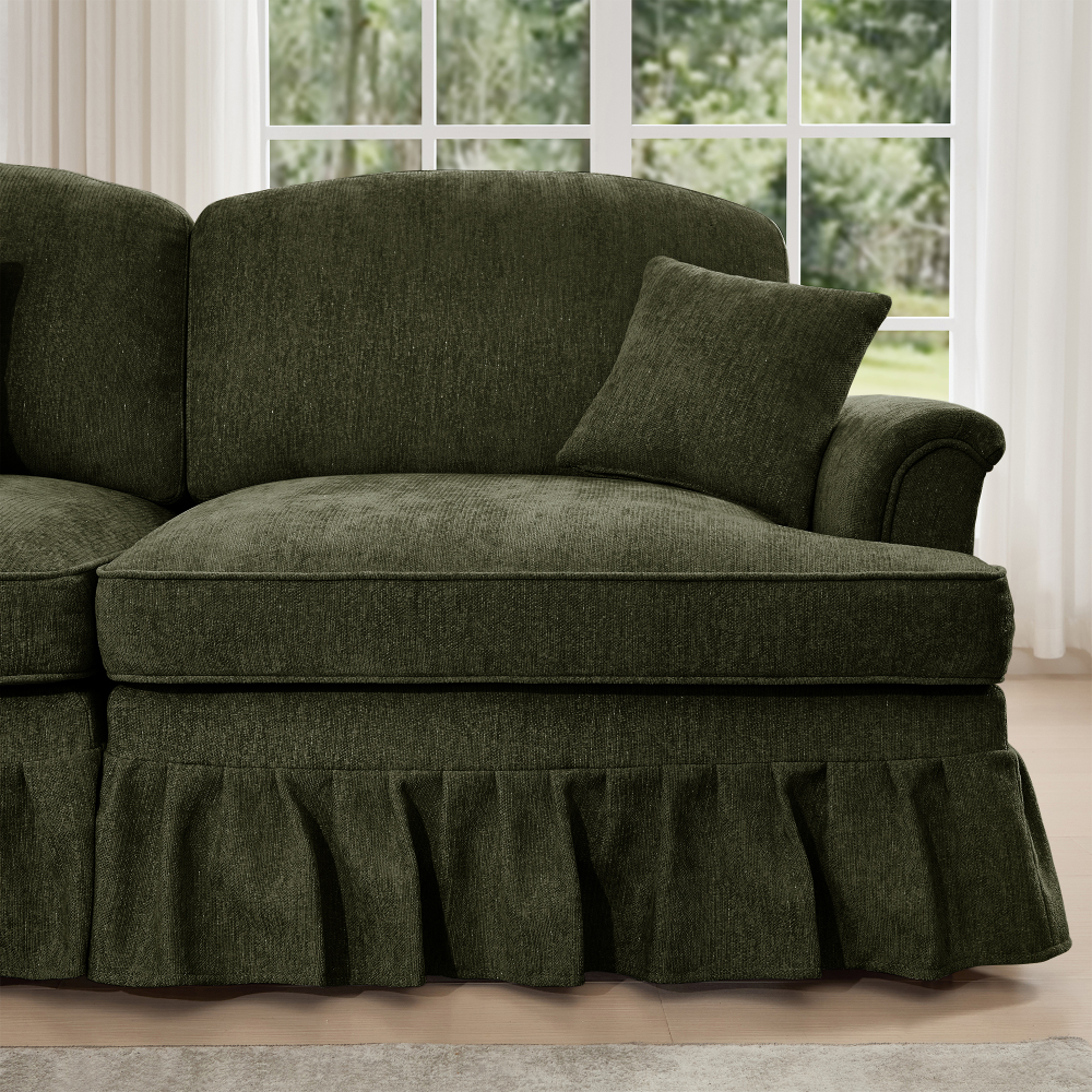 Classic Green Chenille U-Shaped Modular Sectional Sofa with Removable Ruffle Skirt & Flared Arms