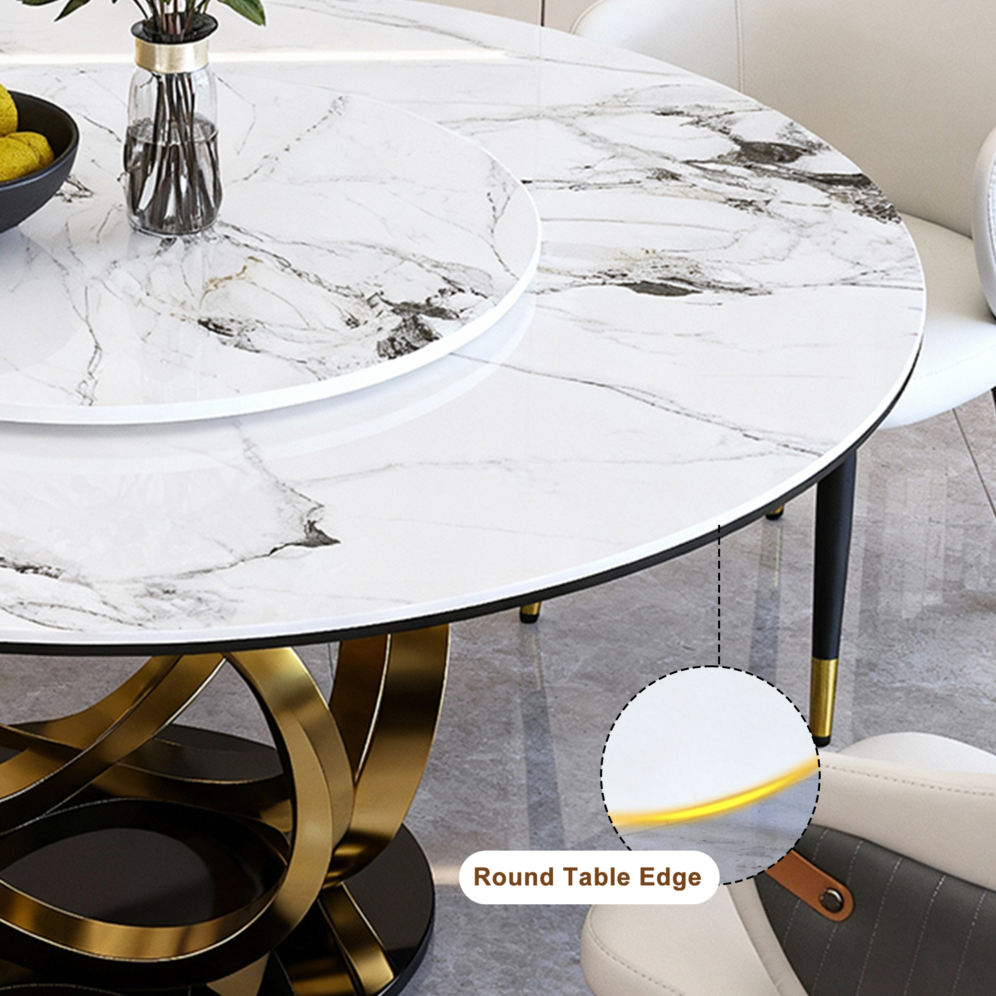 59" Round Dining Table Set with 360° Rotating Lazy Susan - Modern Sintered Stone Marble Top Kitchen Table for 6