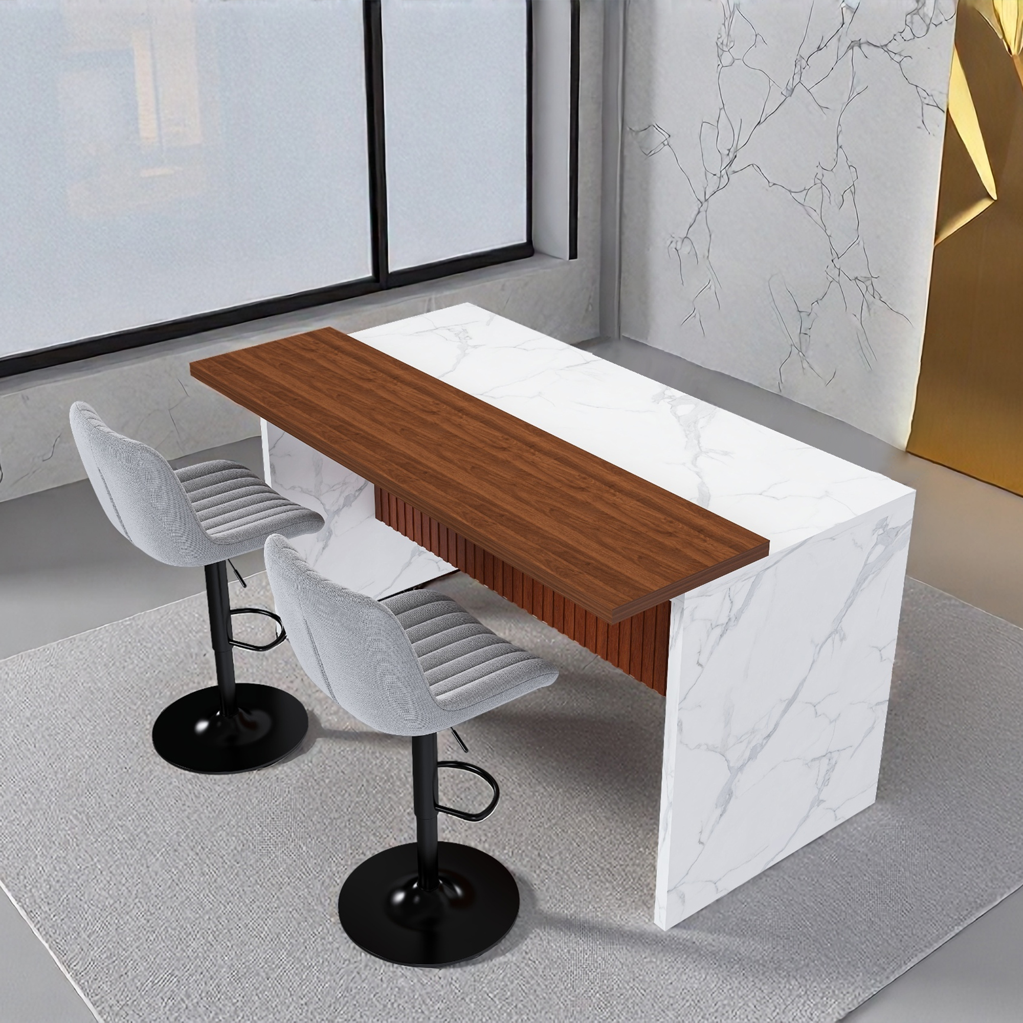63" Modern Kitchen Island Set with LED Lighting & Marble Top - Contemporary Dining Table with Walnut Overhang, Grill Design & 2 Adjustable Gray Bar Stools for Open Concept Spaces