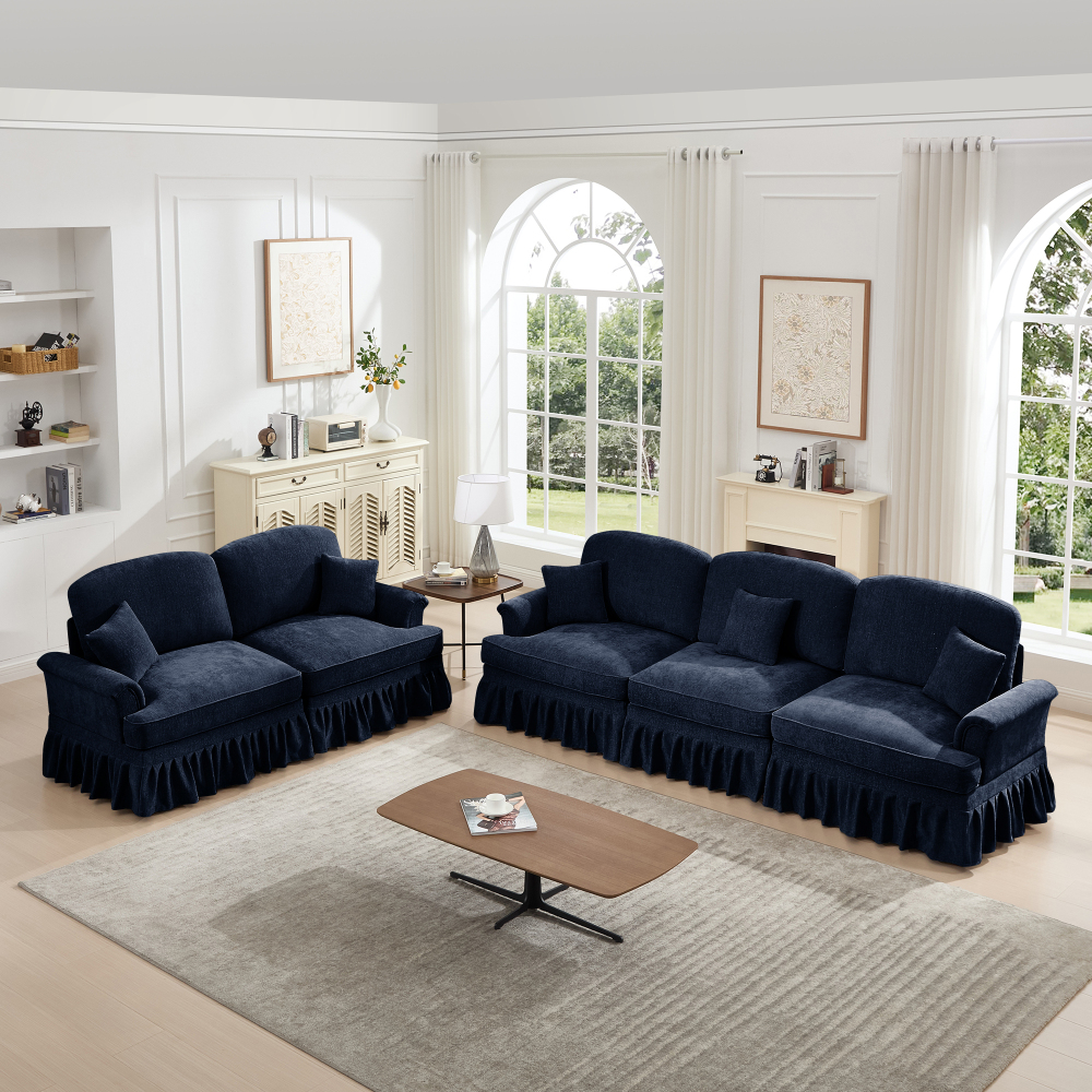 Classic Blue Chenille Modular Sofa Set with Removable Ruffle Skirts - Elegant 3-Seater & Loveseat Living Room Furniture