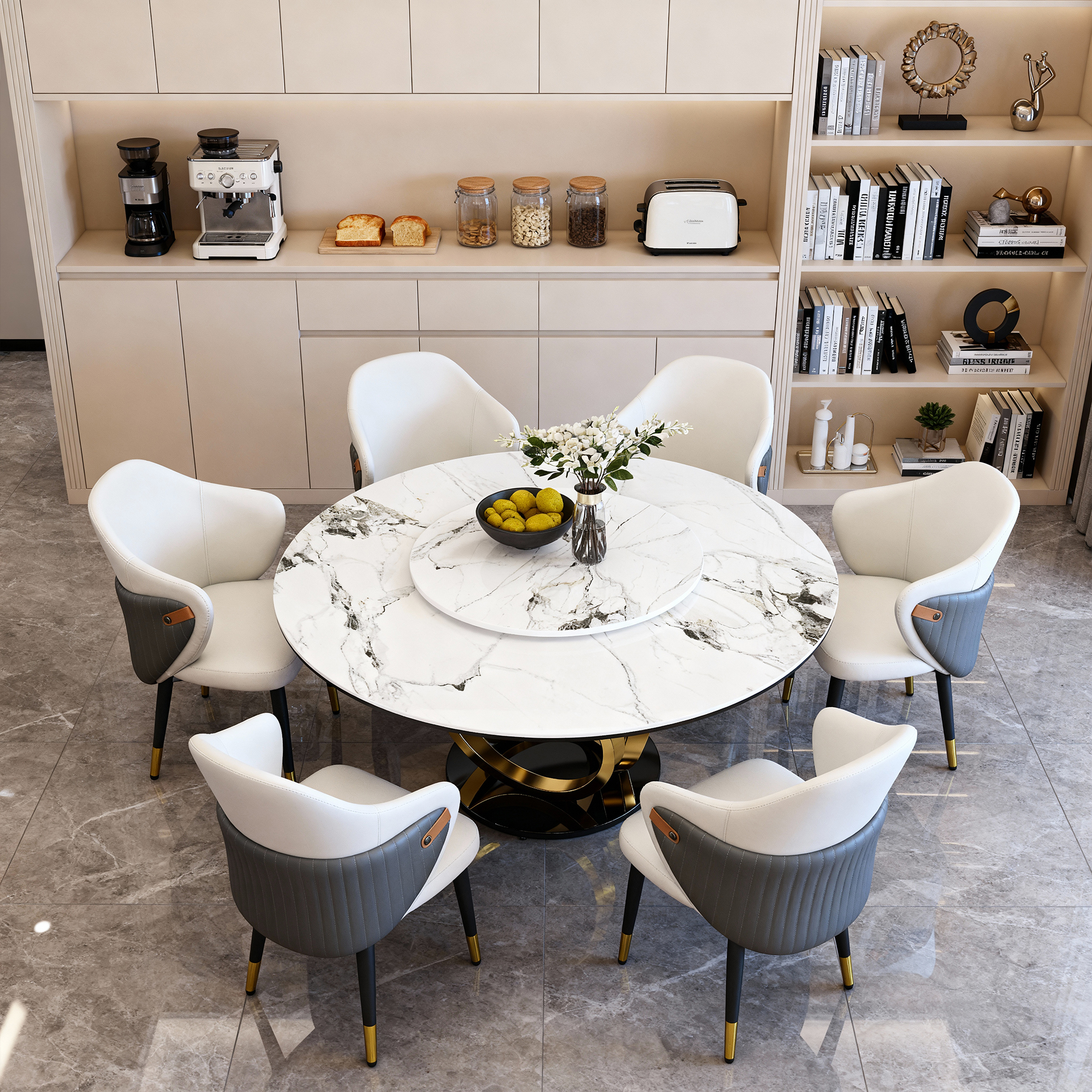 59" Round Dining Table Set with 360° Rotating Lazy Susan - Modern Sintered Stone Marble Top Kitchen Table for 6