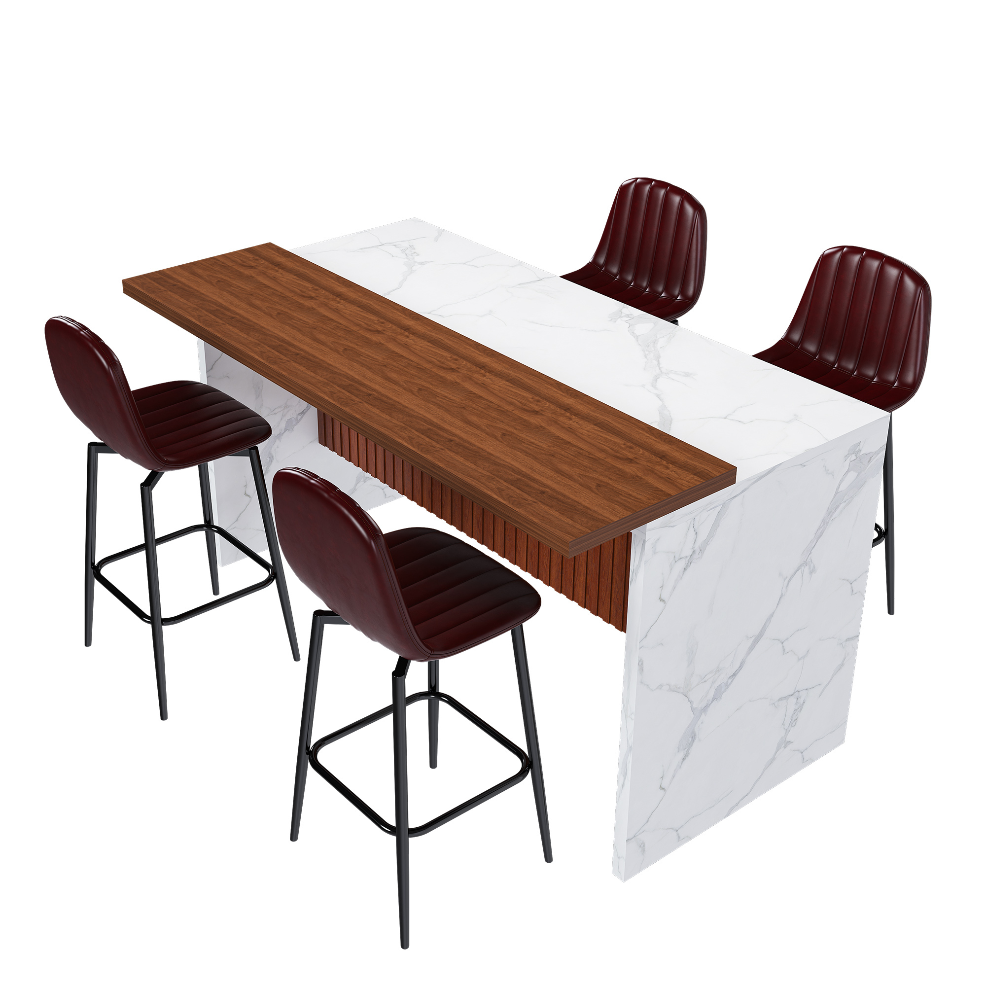 63" Modern Kitchen Island with LED Lighting & Marble Top - 4 Dark Brown Bar Stools Set for Open Concept Dining