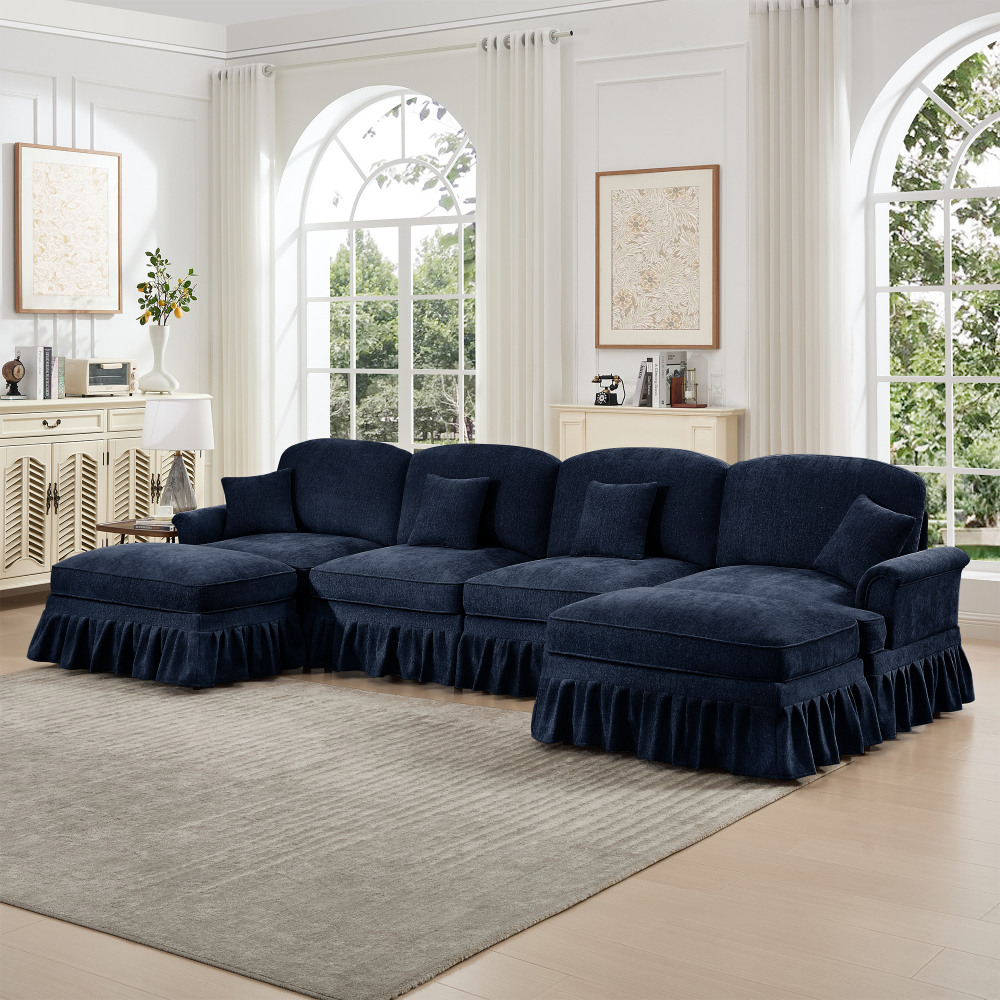 Classic Blue Chenille U-Shaped Modular Sectional Sofa with Removable Ruffled Skirt & Flared Arms