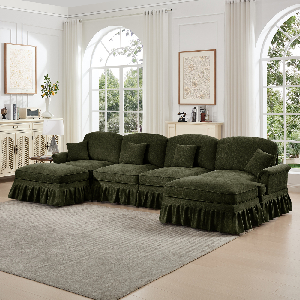 Classic Green Chenille U-Shaped Modular Sectional Sofa with Removable Ruffle Skirt & Flared Arms