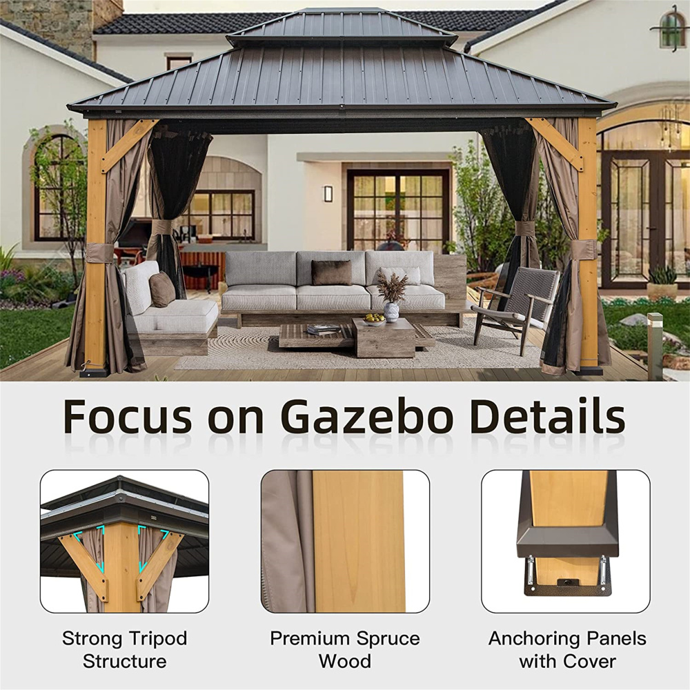 12'x14' Hardtop Gazebo with Galvanized Steel Double Roof, Cedar Wood Frame Outdoor Pavilion with Privacy Curtains & Mosquito Netting for Patio