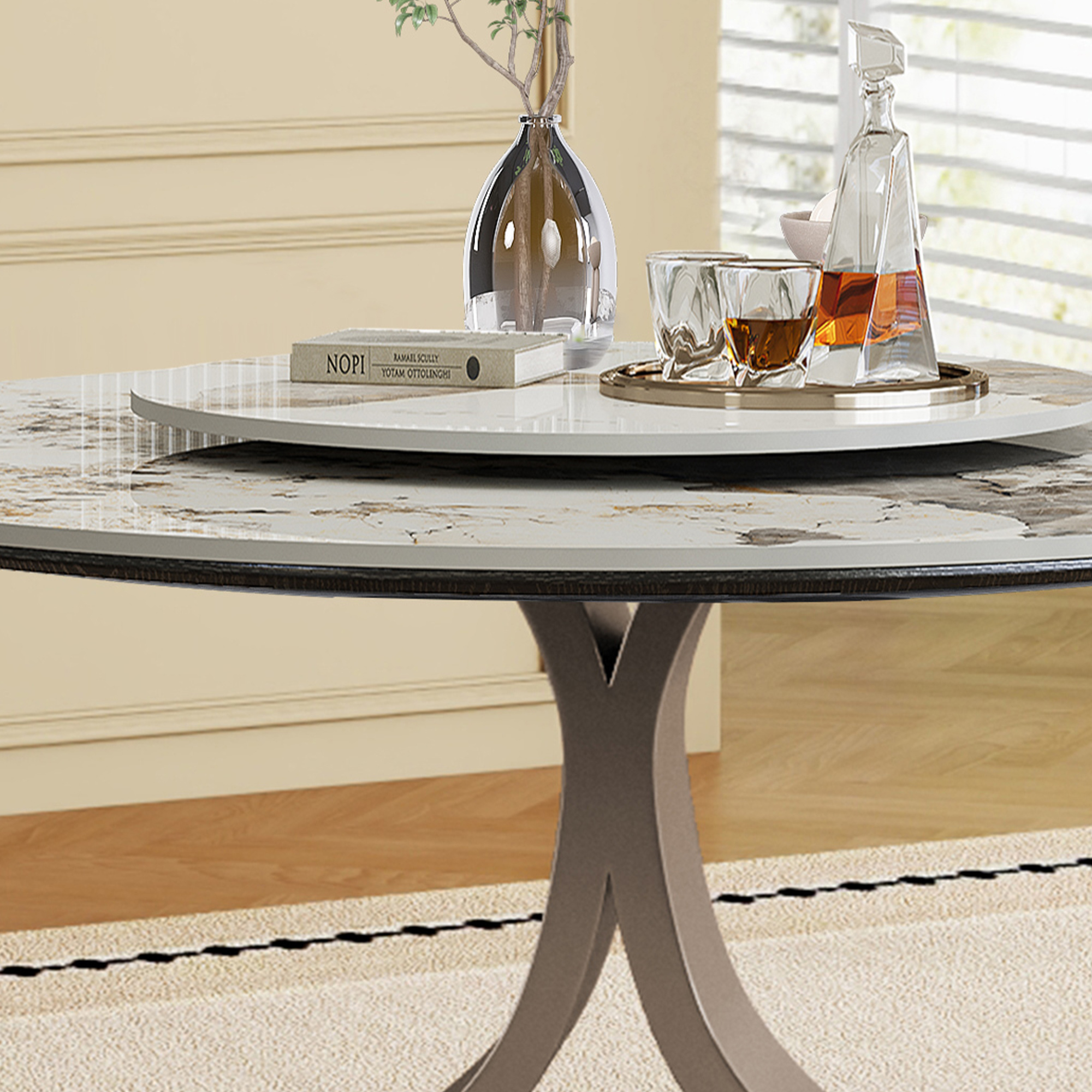 59" Round Dining Table Set with 360° Rotating Lazy Susan - Scratch & Heat Resistant Sintered Stone Top, Stainless Steel Base for Modern Kitchen