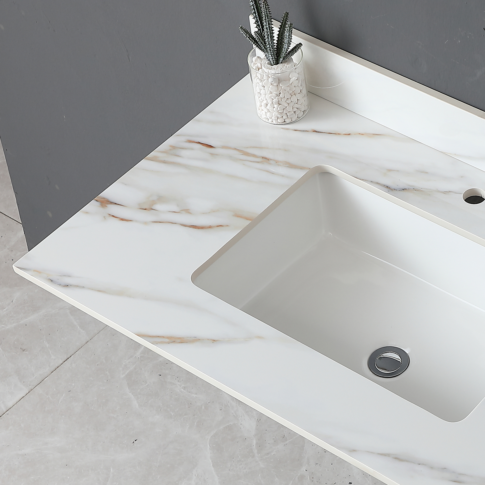 37" Sintered Stone Bathroom Vanity Top with Undermount Rectangular Sink - Carrara White Marble Countertop with 4" Backsplash