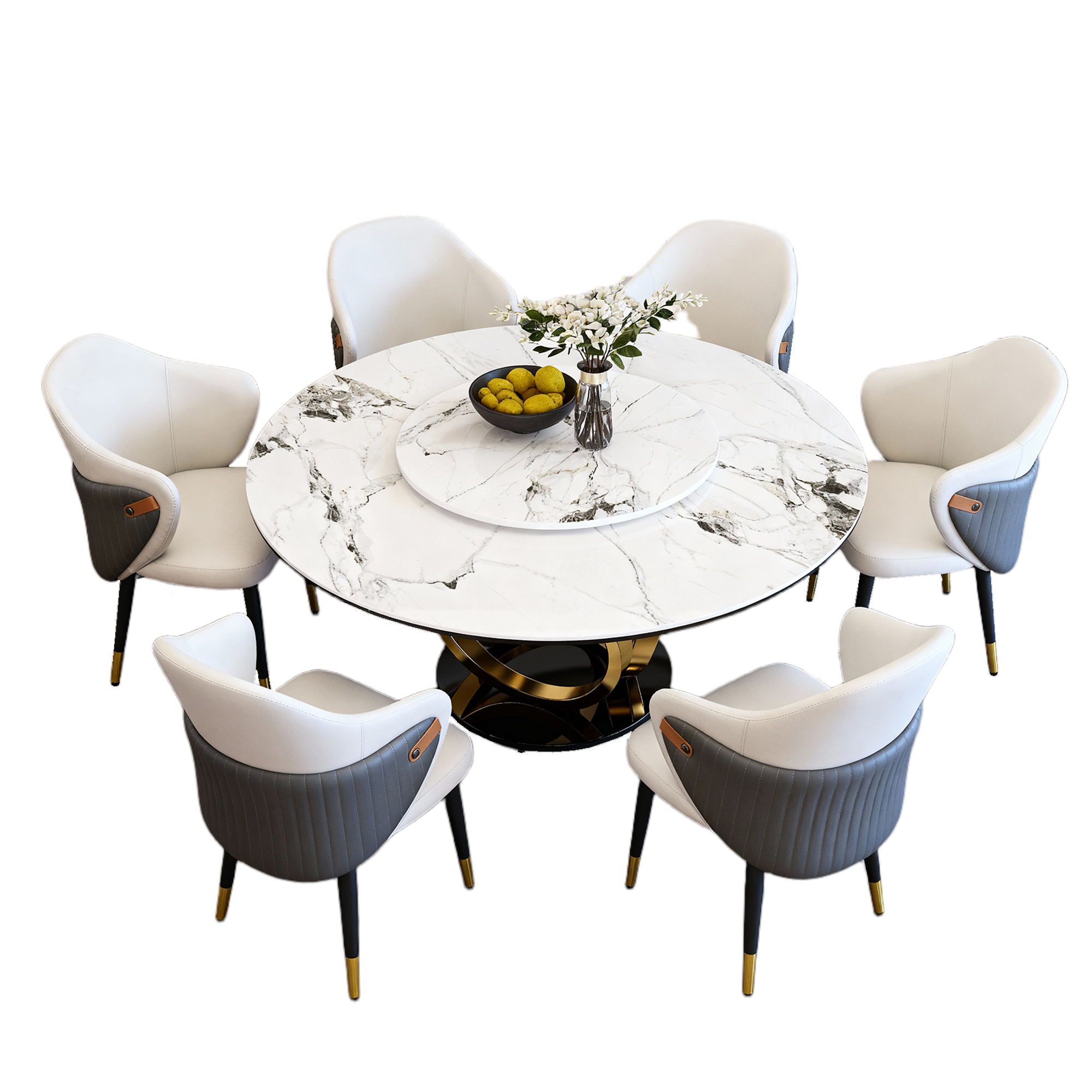59" Round Dining Table Set with 360° Rotating Lazy Susan - Modern Sintered Stone Marble Top Kitchen Table for 6