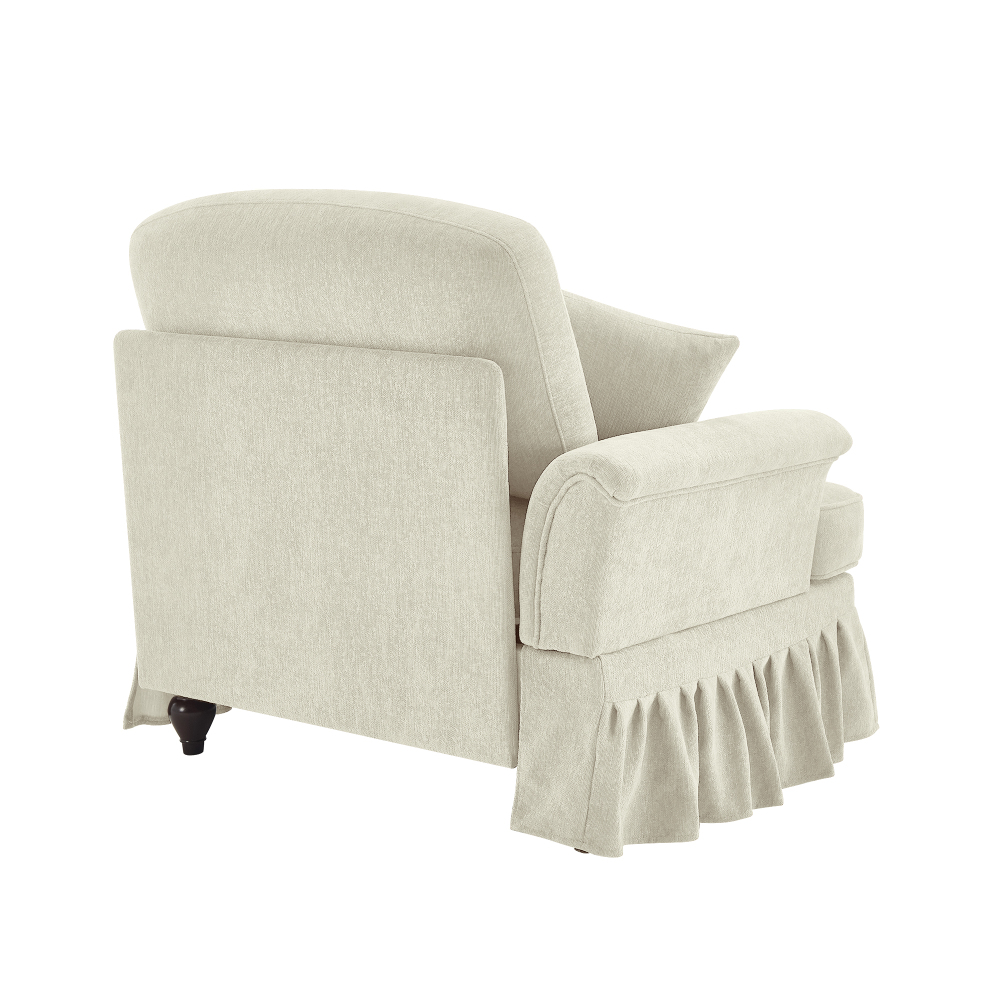 Elegant Chenille Armchair with Detachable Skirt & Spindle Legs - Beige White Cloud Couch for Living Room