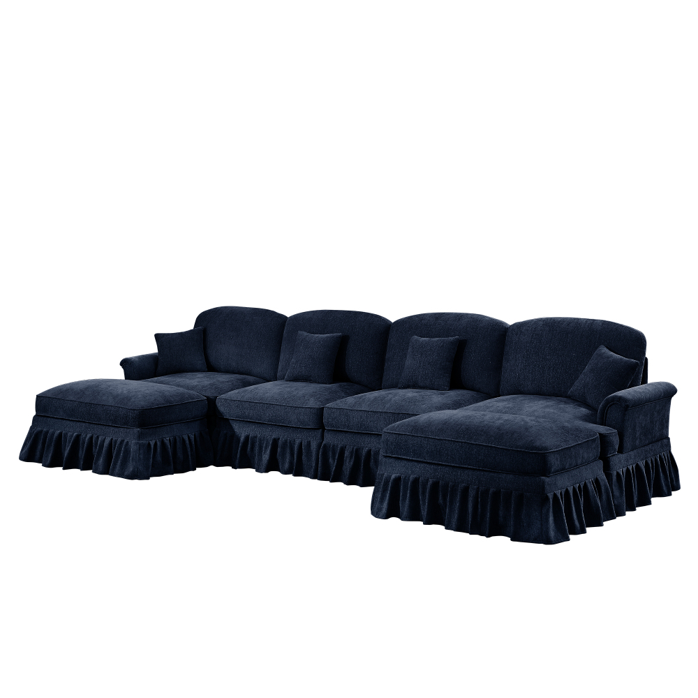 Classic Blue Chenille U-Shaped Modular Sectional Sofa with Removable Ruffled Skirt & Flared Arms