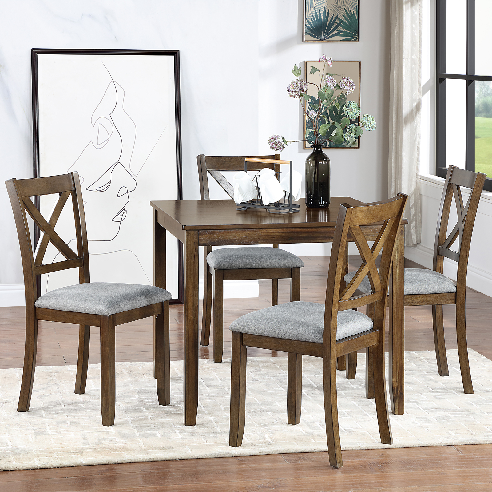 Modern 5-Piece Square Dining Table Set for 4, Walnut Finish Wood Kitchen Table with 4 Upholstered Cross-Back Chairs