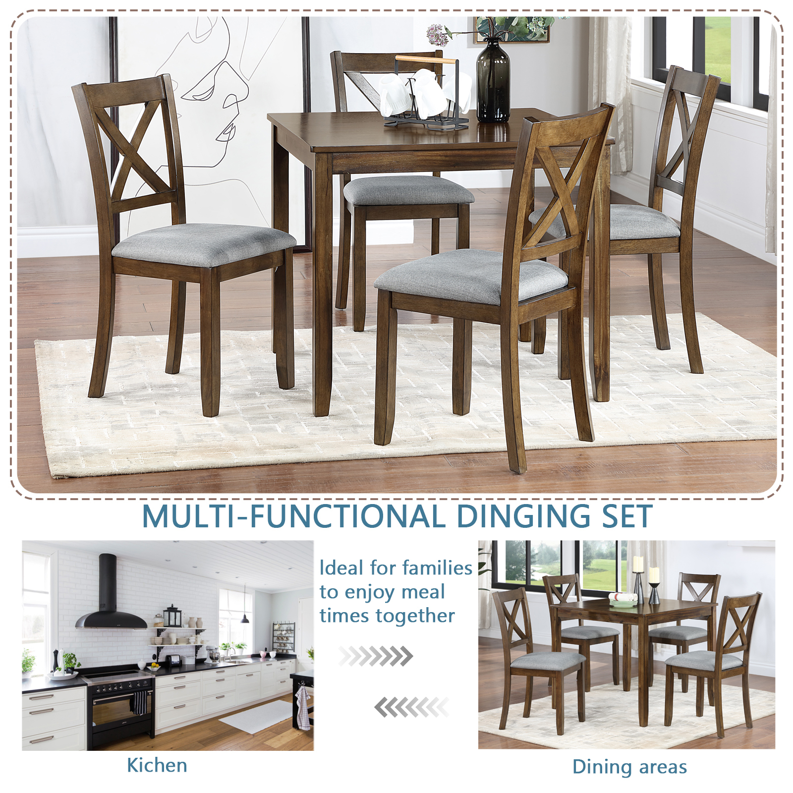 Modern 5-Piece Square Dining Table Set for 4, Walnut Finish Wood Kitchen Table with 4 Upholstered Cross-Back Chairs