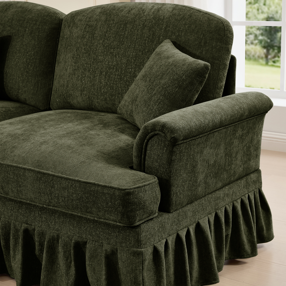 Classic Green Chenille Modular Sofa Set with Removable Ruffle Skirts, Flared Arms & Spindle Legs - 3-Seater Sectional Couch for Living Room
