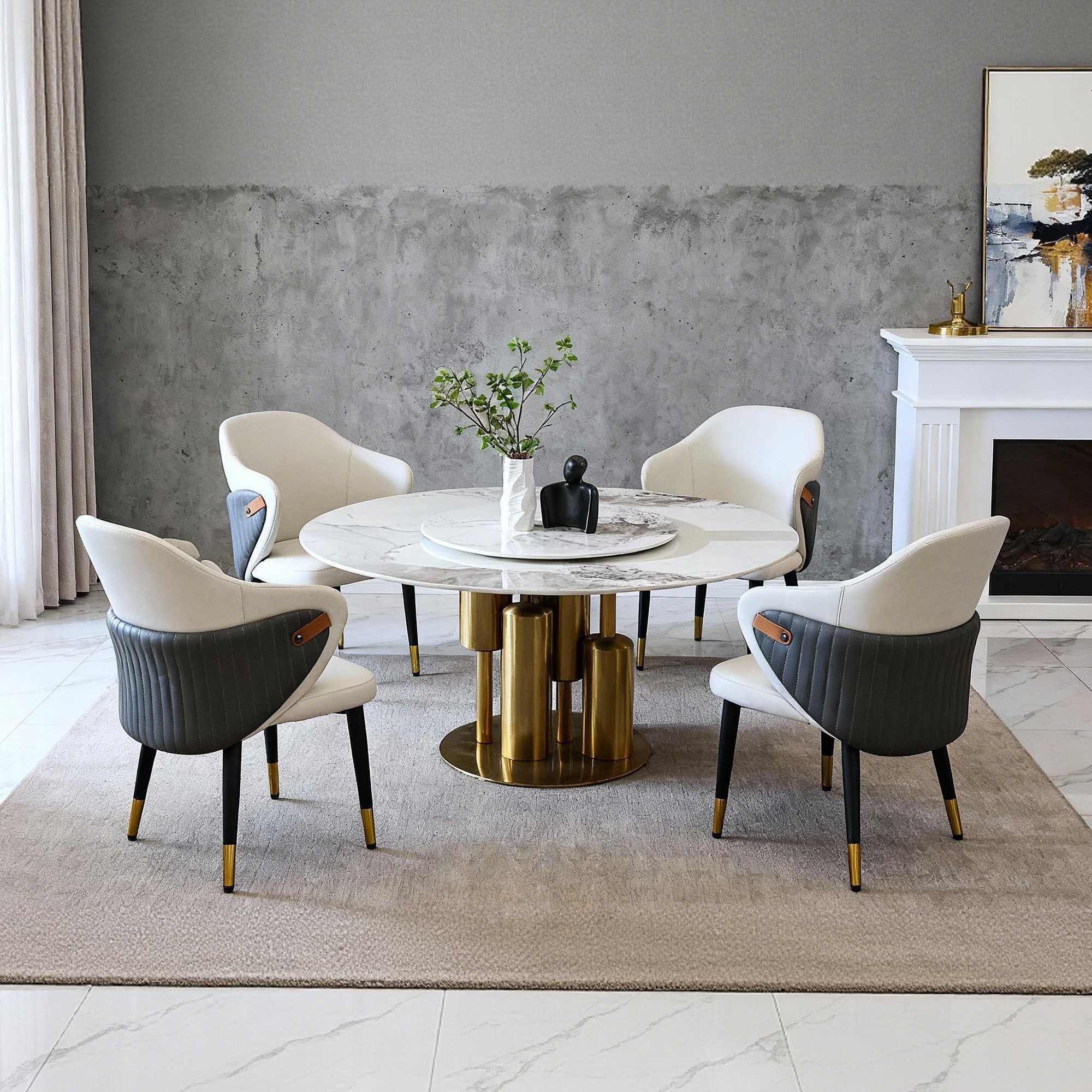 59" Round Sintered Stone Dining Table Set with 360° Lazy Susan & Gold Base - Luxury Modern Kitchen Furniture for 6