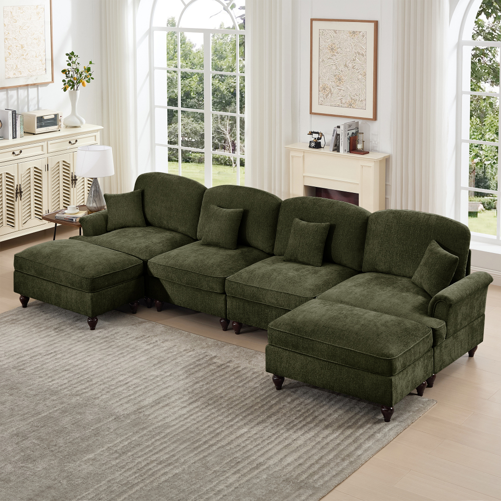 Classic Green Chenille U-Shaped Modular Sectional Sofa with Removable Ruffle Skirt & Flared Arms
