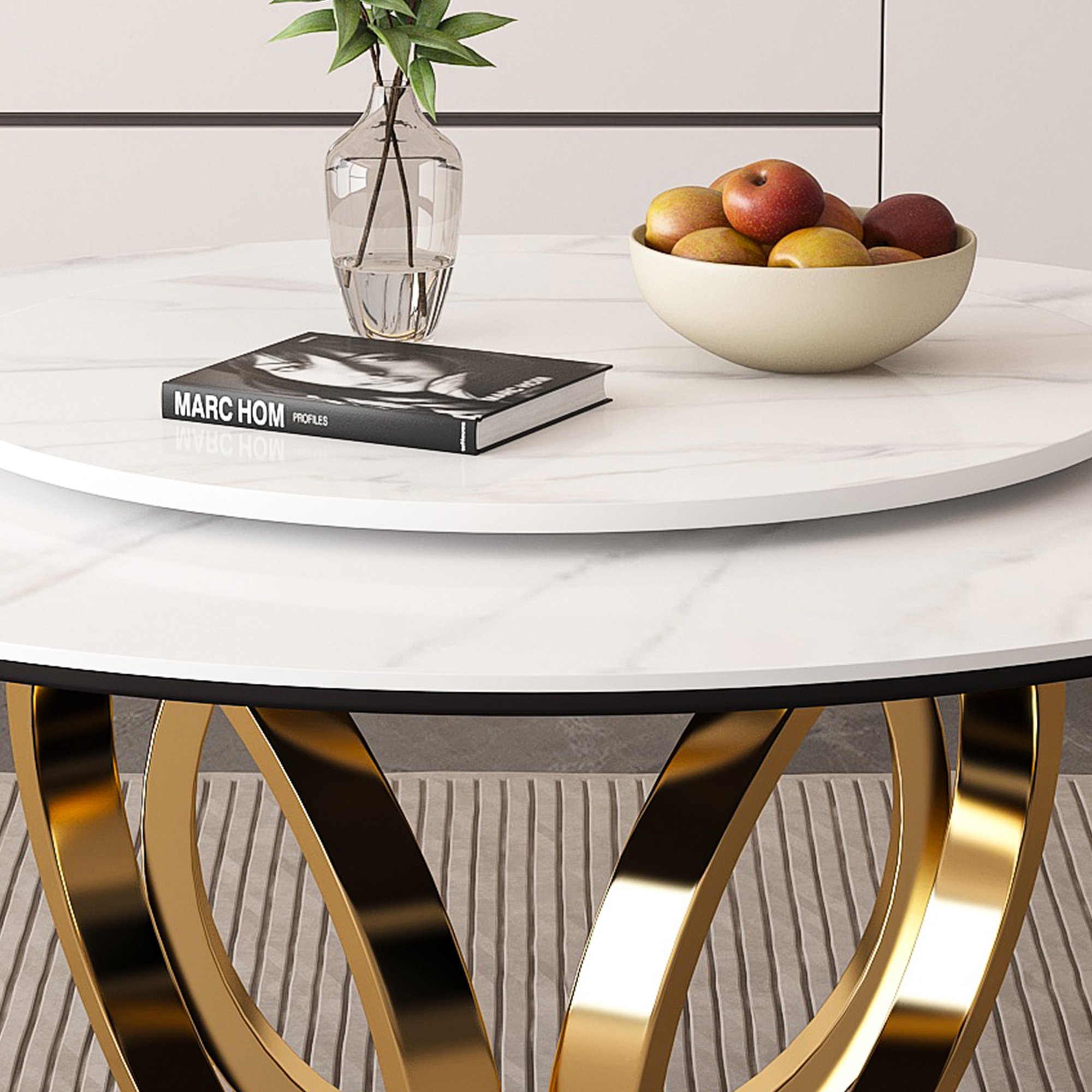 53" Round Dining Table Set with Lazy Susan - Sintered Stone Top & Gold Base, Modern 8-Person Kitchen Table
