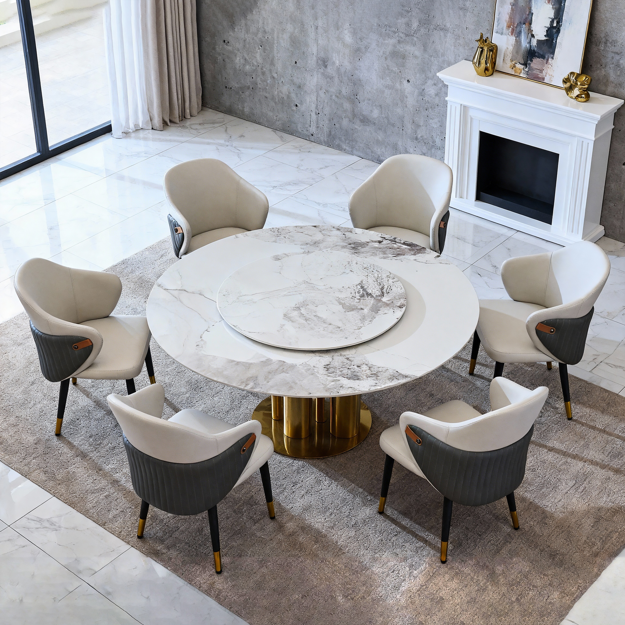59" Round Sintered Stone Dining Table Set with 360° Lazy Susan & Gold Base - Luxury Modern Kitchen Furniture for 6
