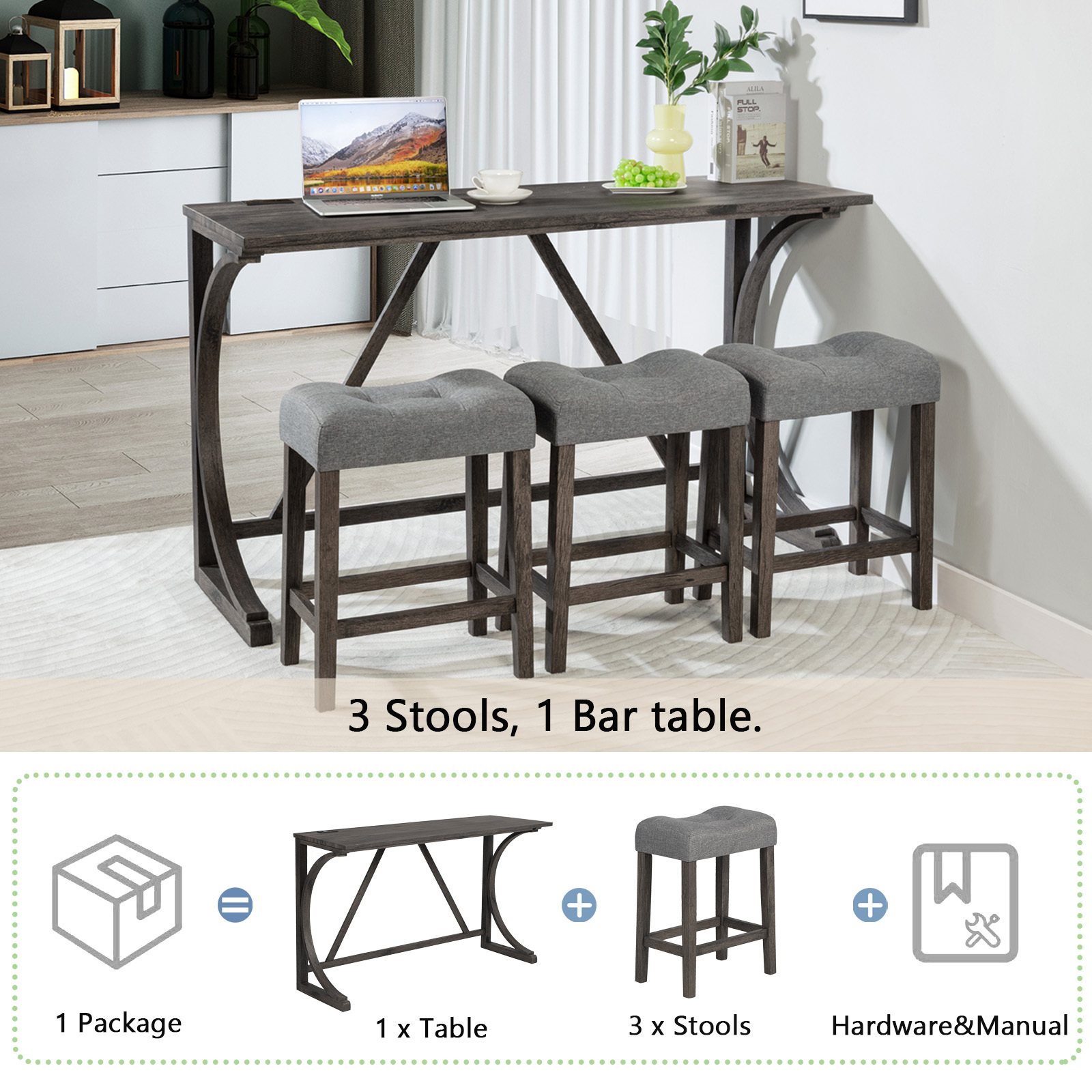 4-Piece Bar Table Set with Power Outlet & USB Ports, Dark Gray Dining Counter Height Pub Table and 3 Padded Stools for Kitchen, Living Room