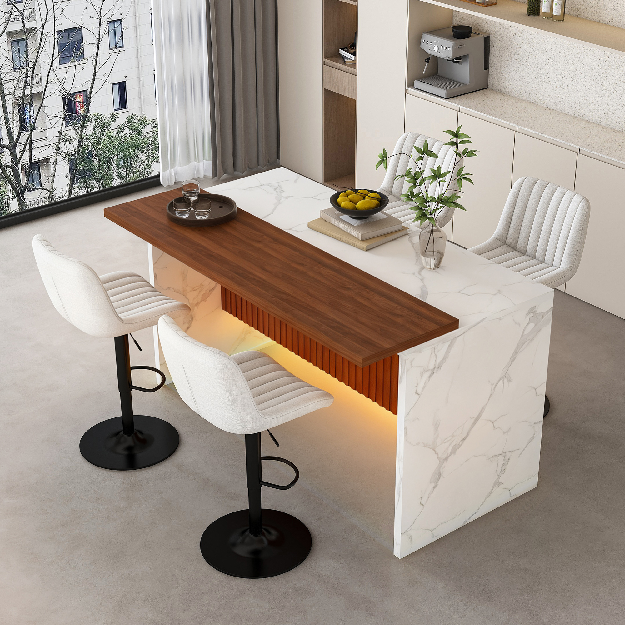 63" Modern Kitchen Island Set with LED Lighting & 4 Beige Bar Stools - White Marble Look Dining Table for Open Concept Spaces