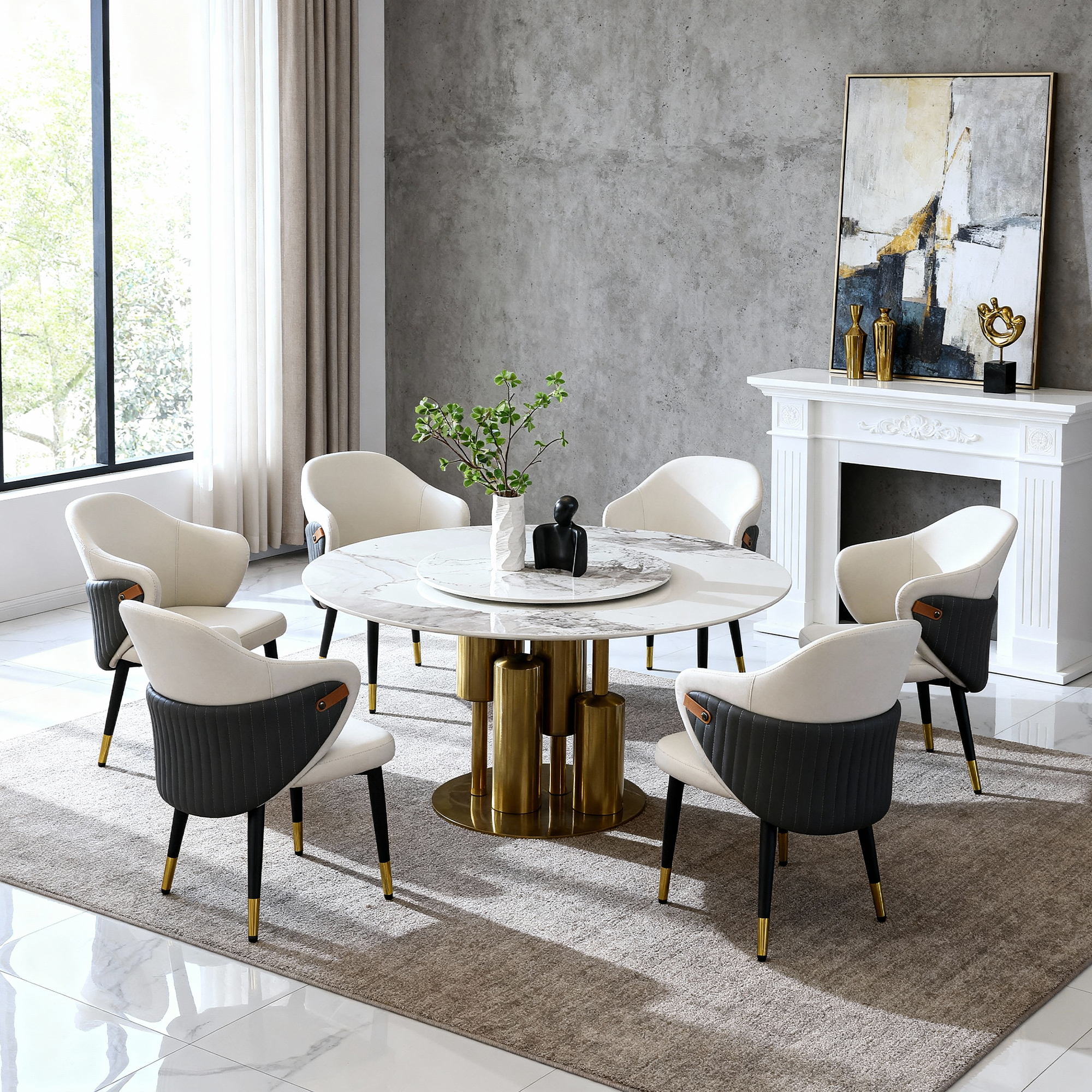 59" Round Sintered Stone Dining Table Set with 360° Lazy Susan & Gold Base - Luxury Modern Kitchen Furniture for 6