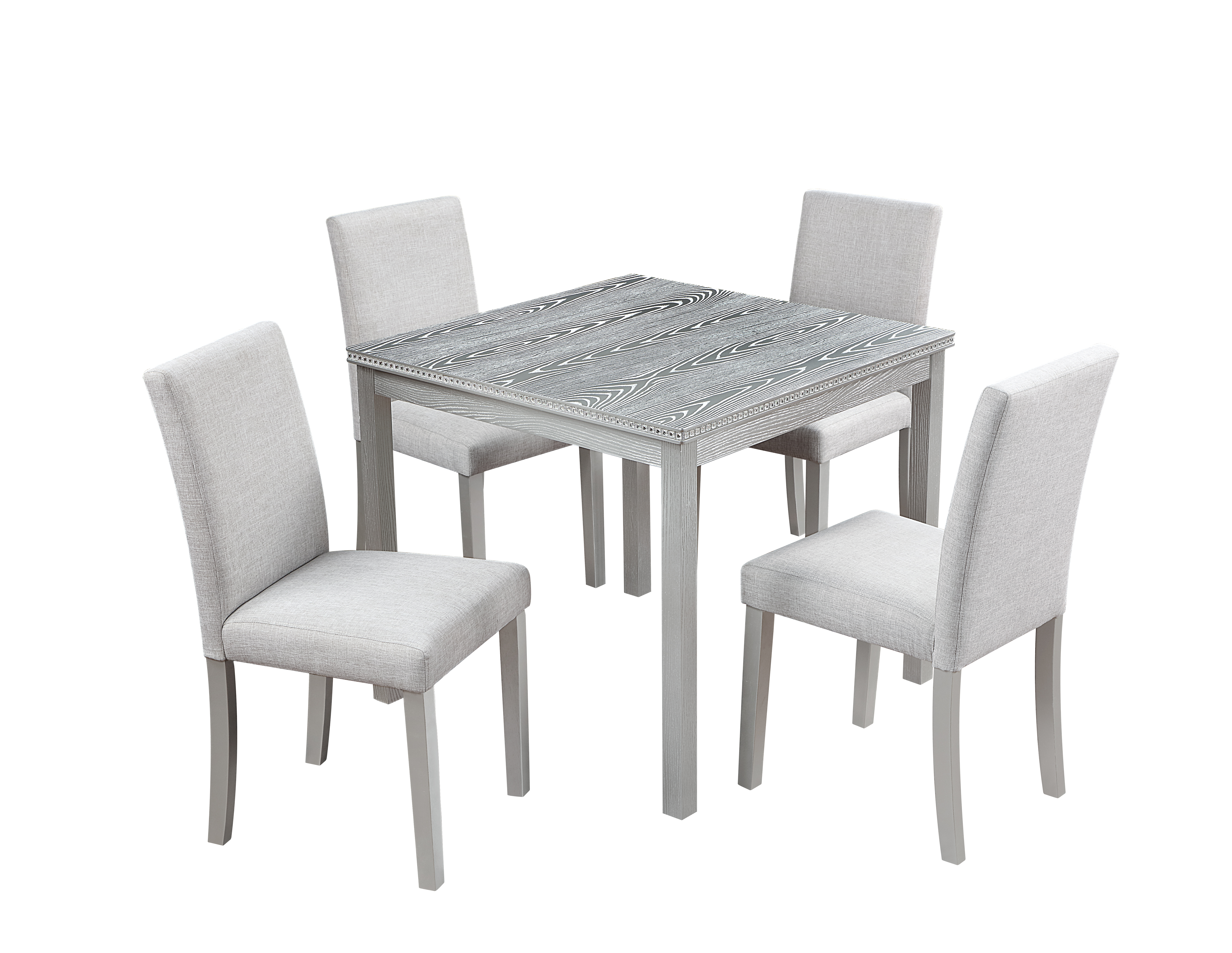 5-Piece Modern Square Dining Set with Crystal Accents, Silver Gray Wood Kitchen Table and 4 Upholstered Beige Chairs for Small Spaces
