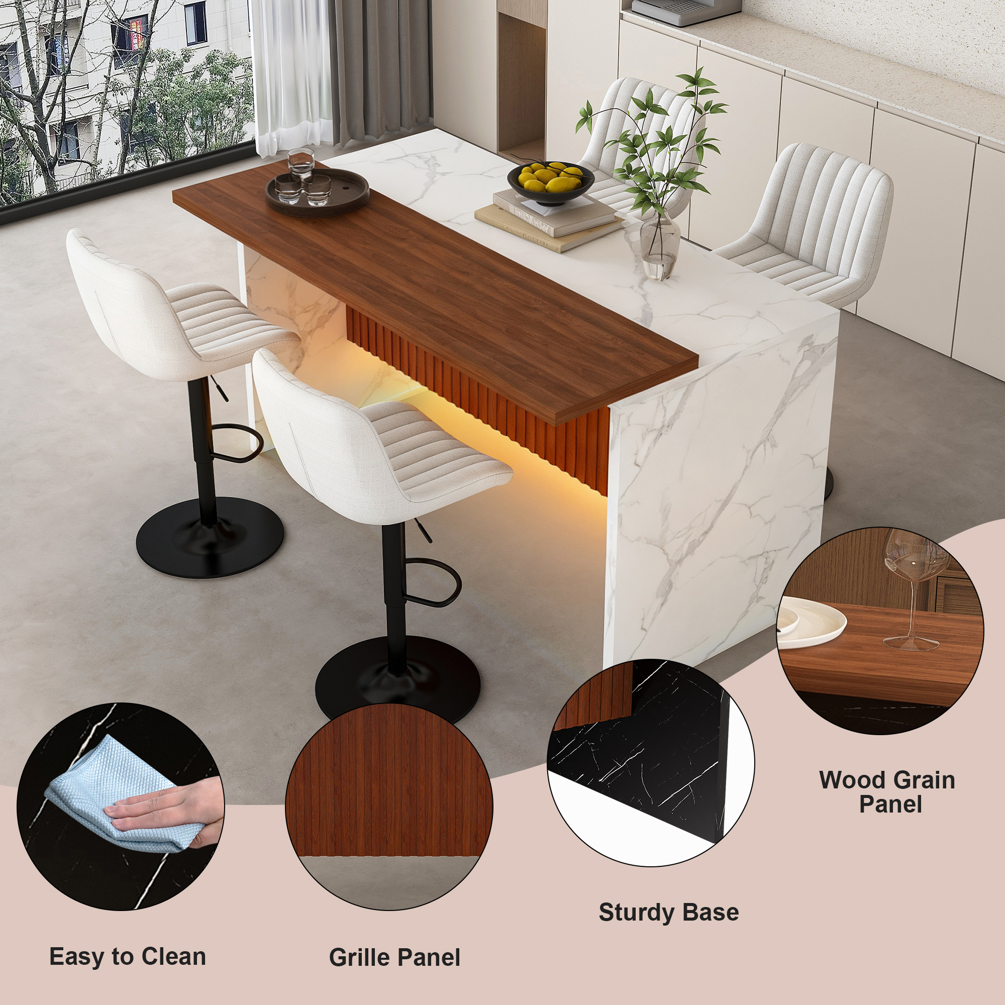 63" Modern Kitchen Island Set with LED Lighting & 4 Beige Bar Stools - White Marble Look Dining Table for Open Concept Spaces