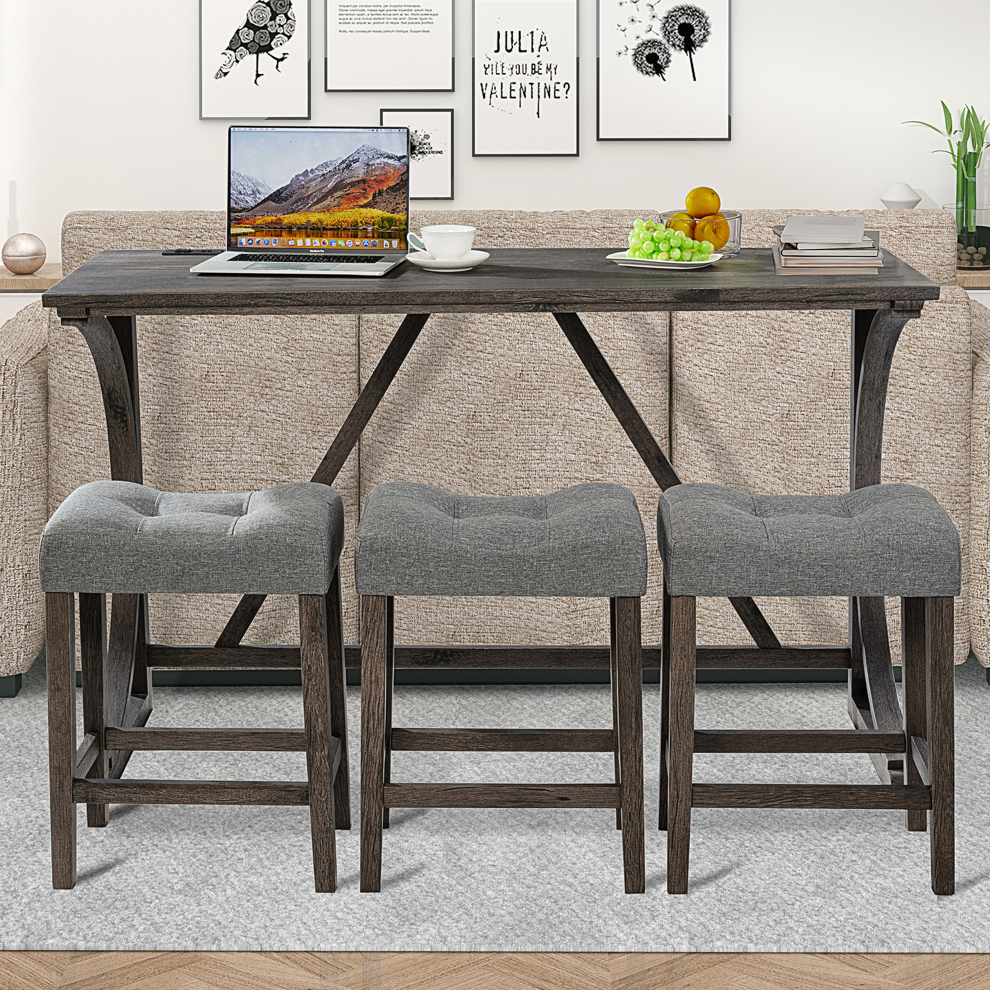 4-Piece Bar Table Set with Power Outlet & USB Ports, Dark Gray Dining Counter Height Pub Table and 3 Padded Stools for Kitchen, Living Room