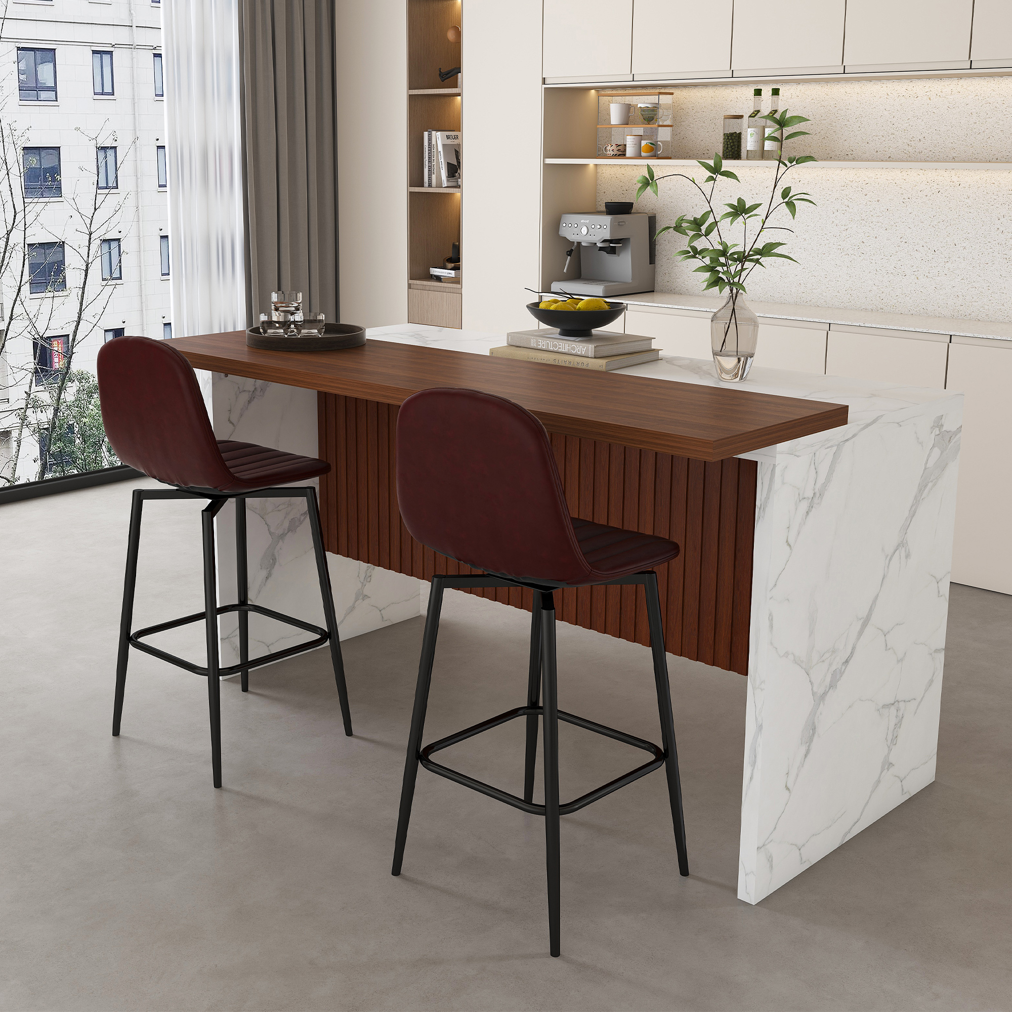 63" Modern Kitchen Island with LED Lighting & Marble Top - 4 Dark Brown Bar Stools Set for Open Concept Dining