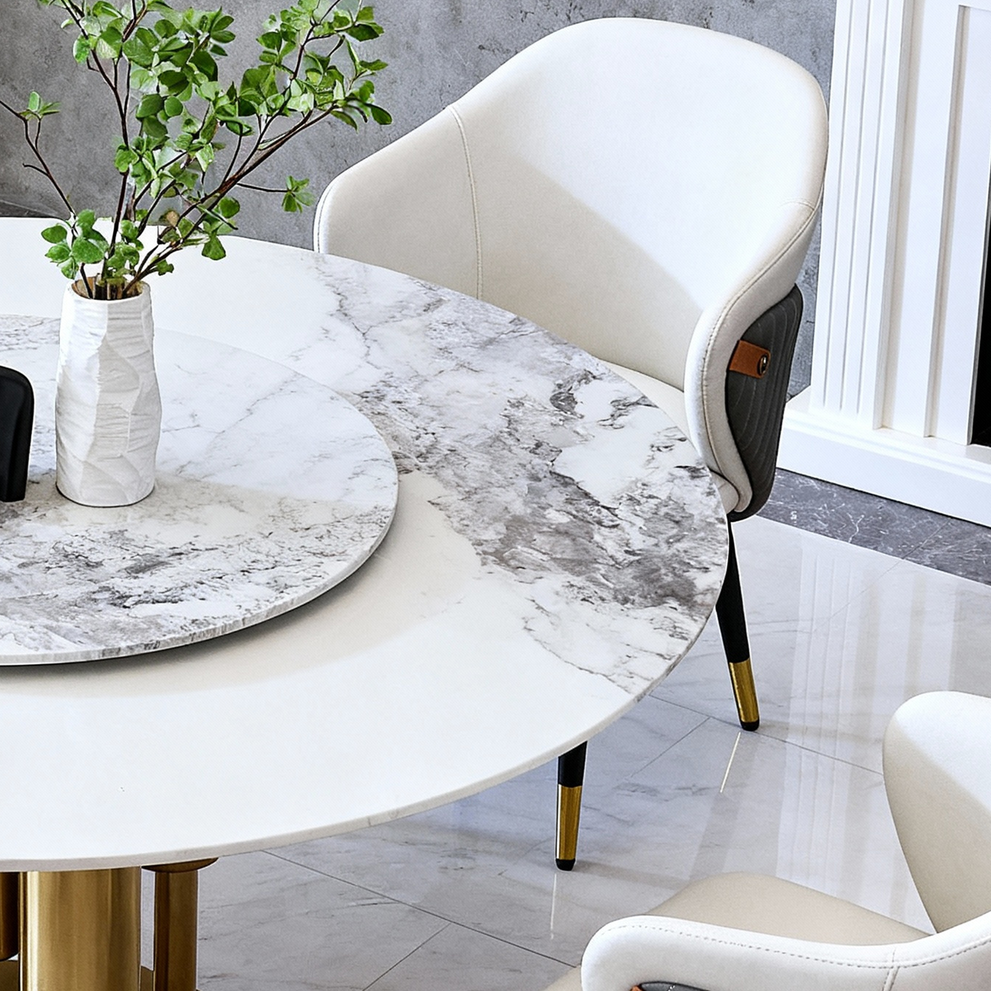 59" Round Dining Table Set with Lazy Susan & 8 Chairs, Luxury Sintered Stone Kitchen Table with Gold Base