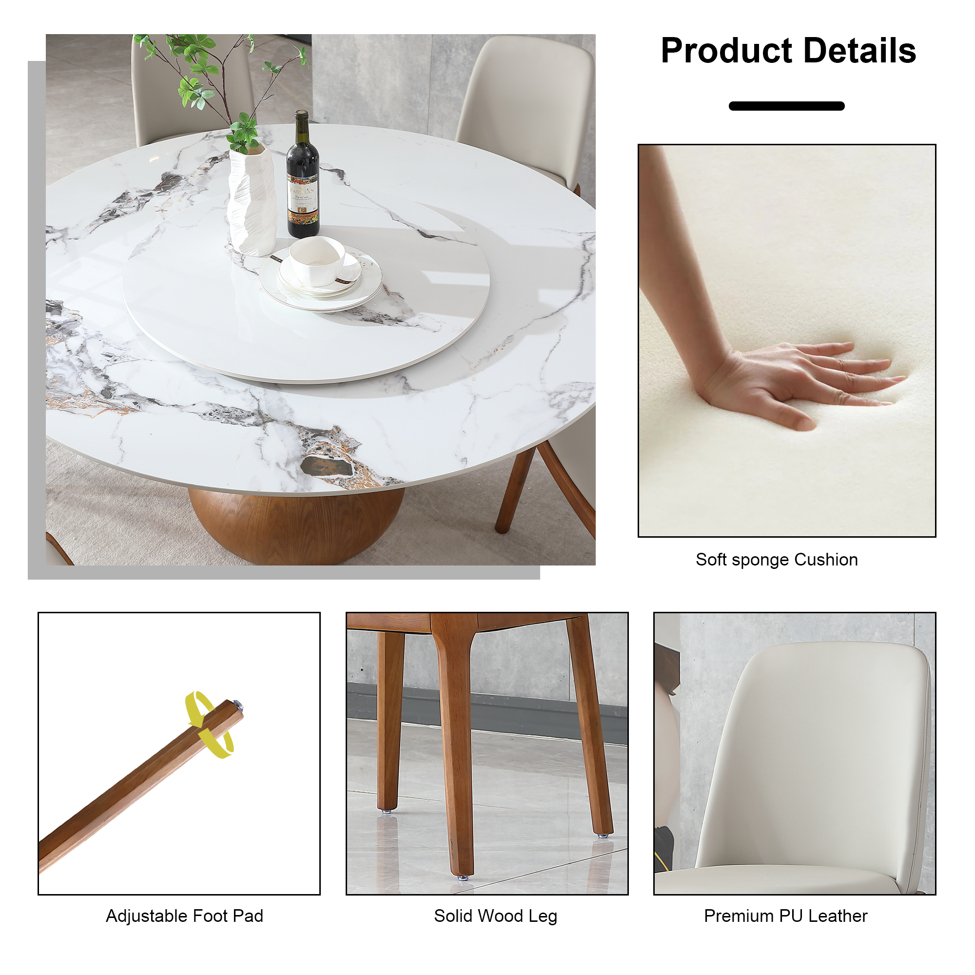 59" Round Sintered Stone Dining Table Set with Lazy Susan, Modern Marble Kitchen Table & 6 Upholstered Chairs, Luxury Pedestal Base for Dining Room