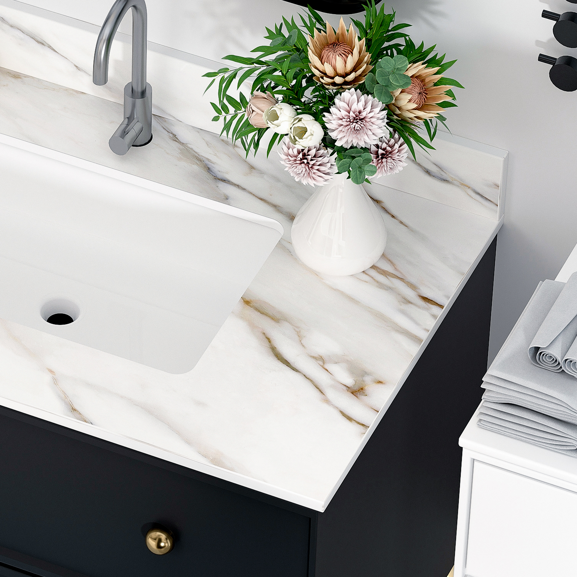 37" Sintered Stone Bathroom Vanity Top with Undermount Rectangular Sink - Carrara White Marble Countertop with 4" Backsplash