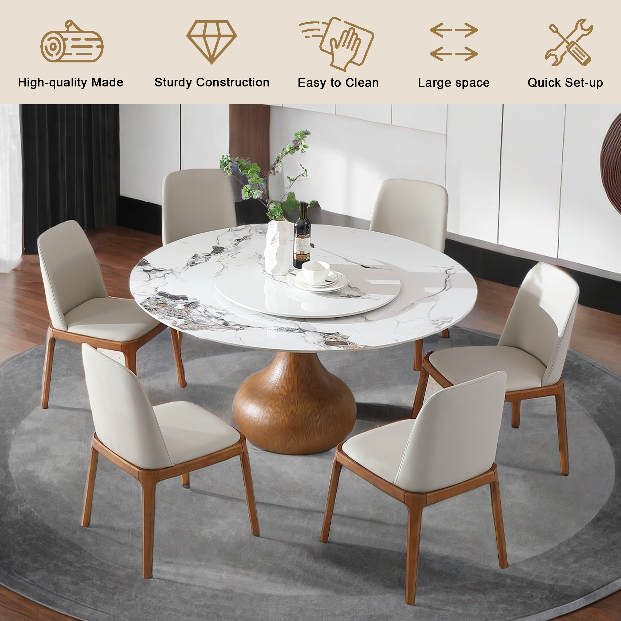 59" Round Sintered Stone Dining Table Set with Lazy Susan, Modern Marble Kitchen Table & 6 Upholstered Chairs, Luxury Pedestal Base for Dining Room