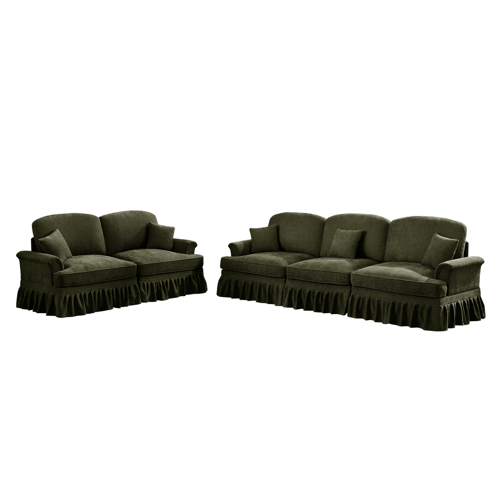 Classic Green Chenille Modular Sofa Set with Removable Ruffle Skirts, Flared Arms & Spindle Legs - 3-Seater Sectional Couch for Living Room
