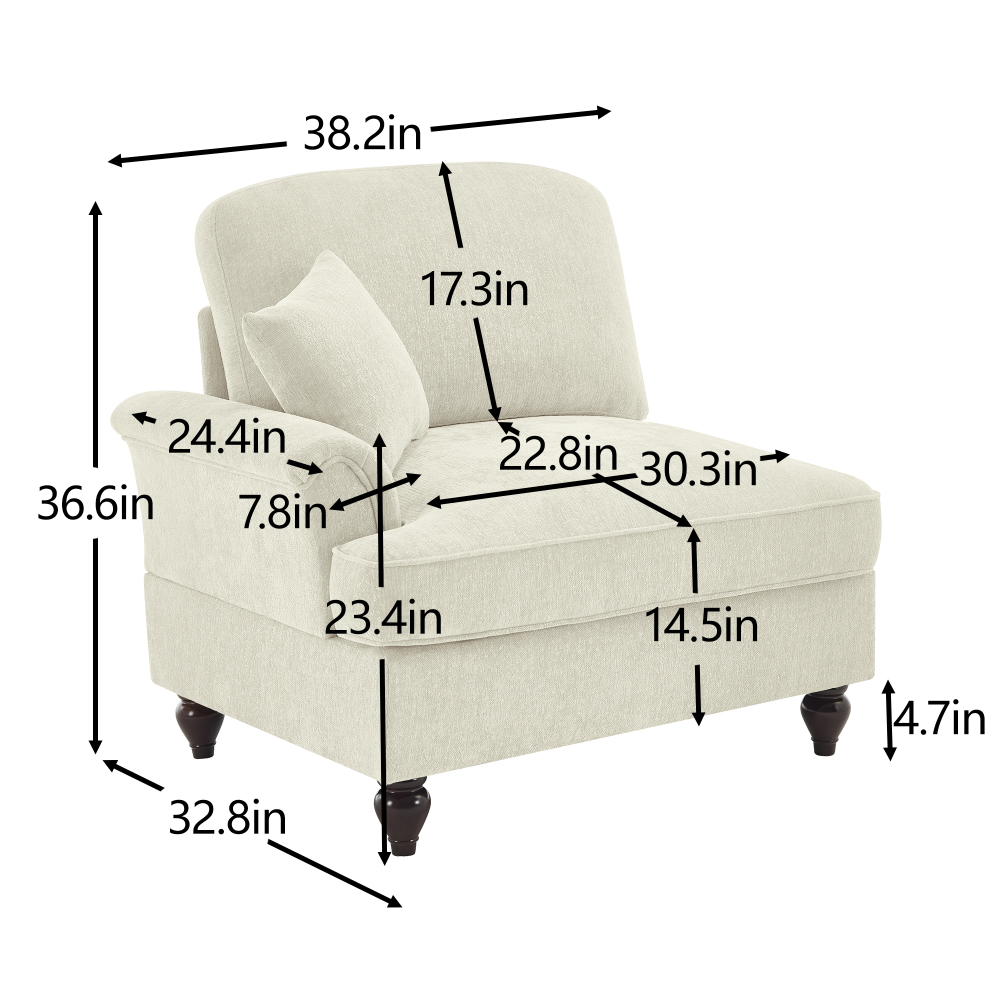 Elegant Chenille Armchair with Detachable Skirt & Spindle Legs - Beige White Cloud Couch for Living Room