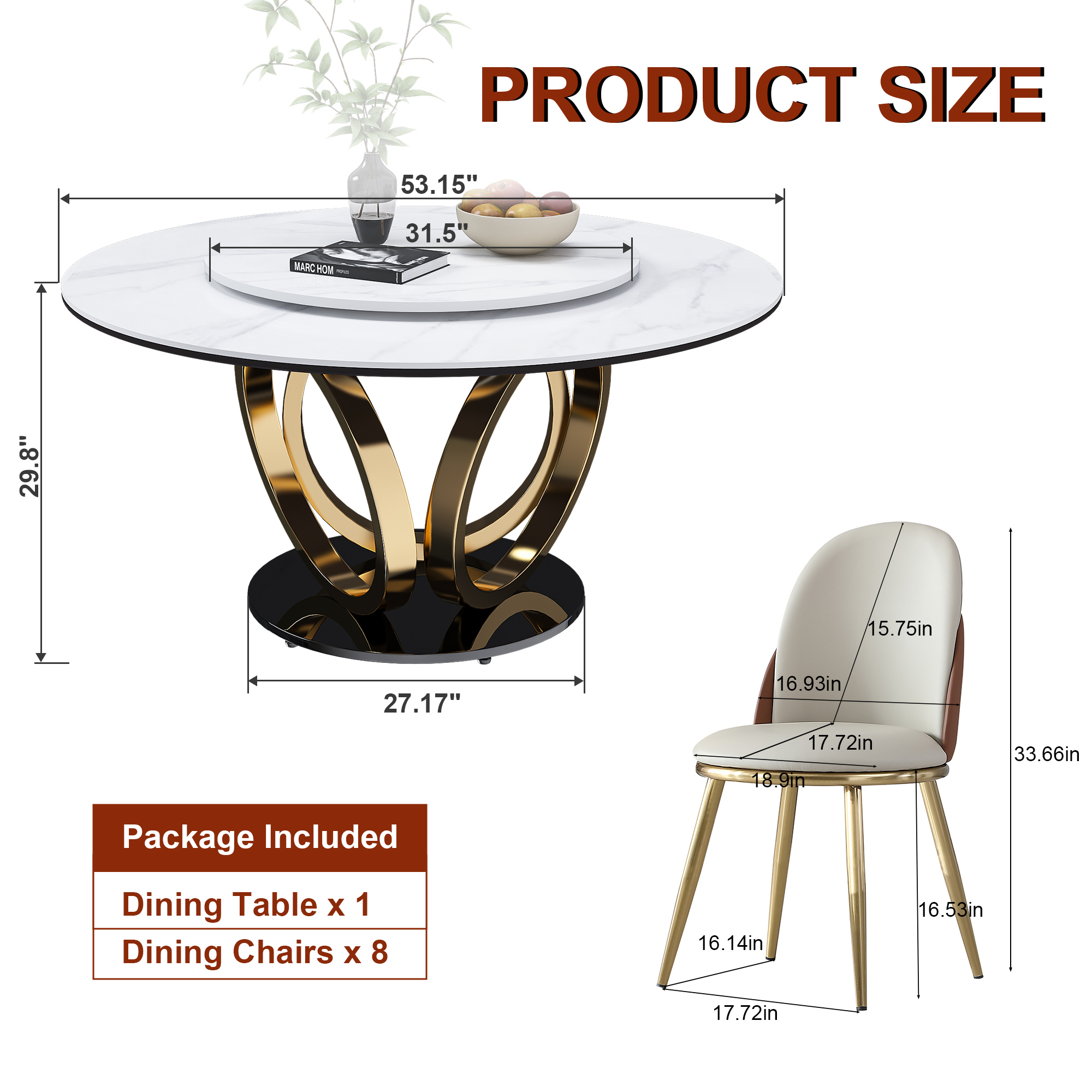 53" Round Dining Table Set with Lazy Susan - Sintered Stone Top & Gold Base, Modern 8-Person Kitchen Table
