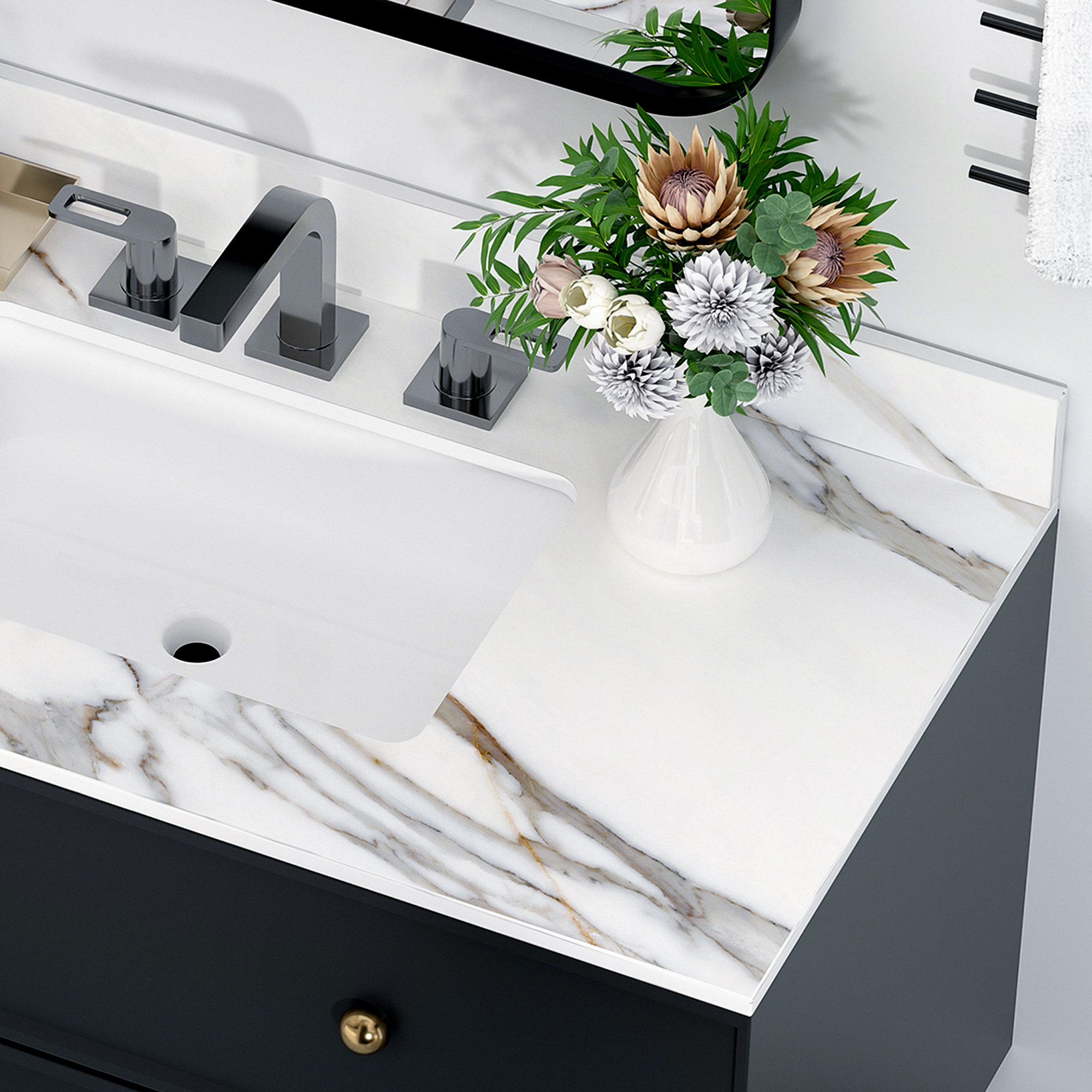 43 Inch Sintered Stone Vanity Top with Undermount Rectangular Sink, Carrara White Marble Bathroom Countertop with 4-Inch Backsplash & Pre-Drilled Faucet Holes