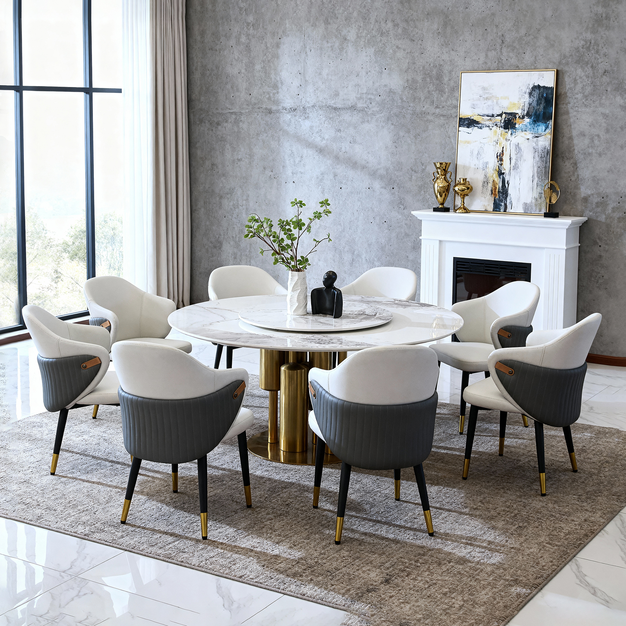 59" Round Dining Table Set with Lazy Susan & 8 Chairs, Luxury Sintered Stone Kitchen Table with Gold Base