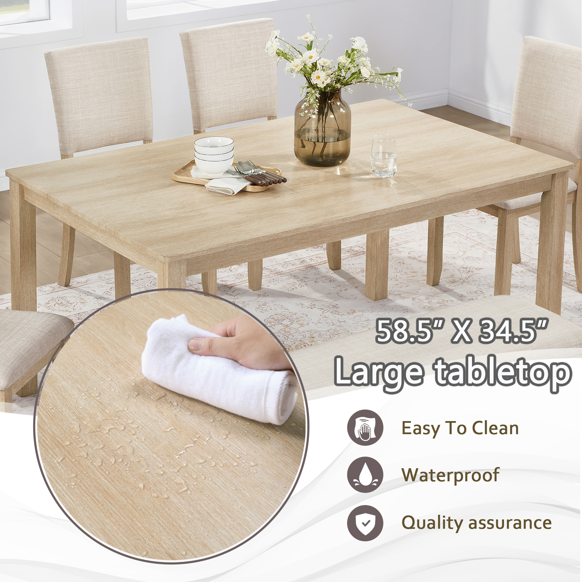 Modern 6-Piece Dining Set with Bench & 4 Chairs - Light Oak Rectangular Kitchen Table Ensemble
