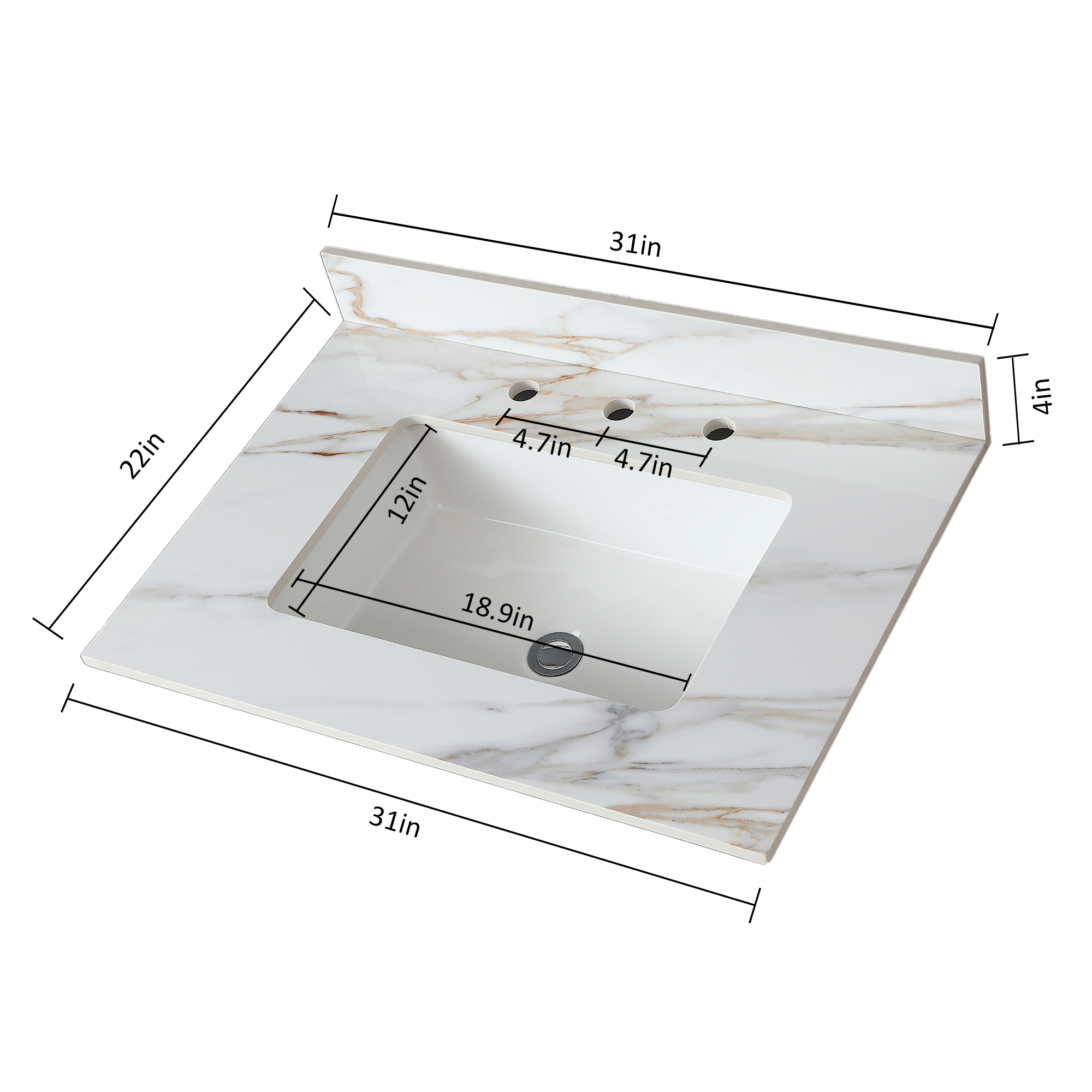 31 Inch Carrara White Sintered Stone Vanity Top with Undermount Rectangular Sink, Pre-Drilled for 8" Faucet Spread, Elegant Marble Bathroom Countertop