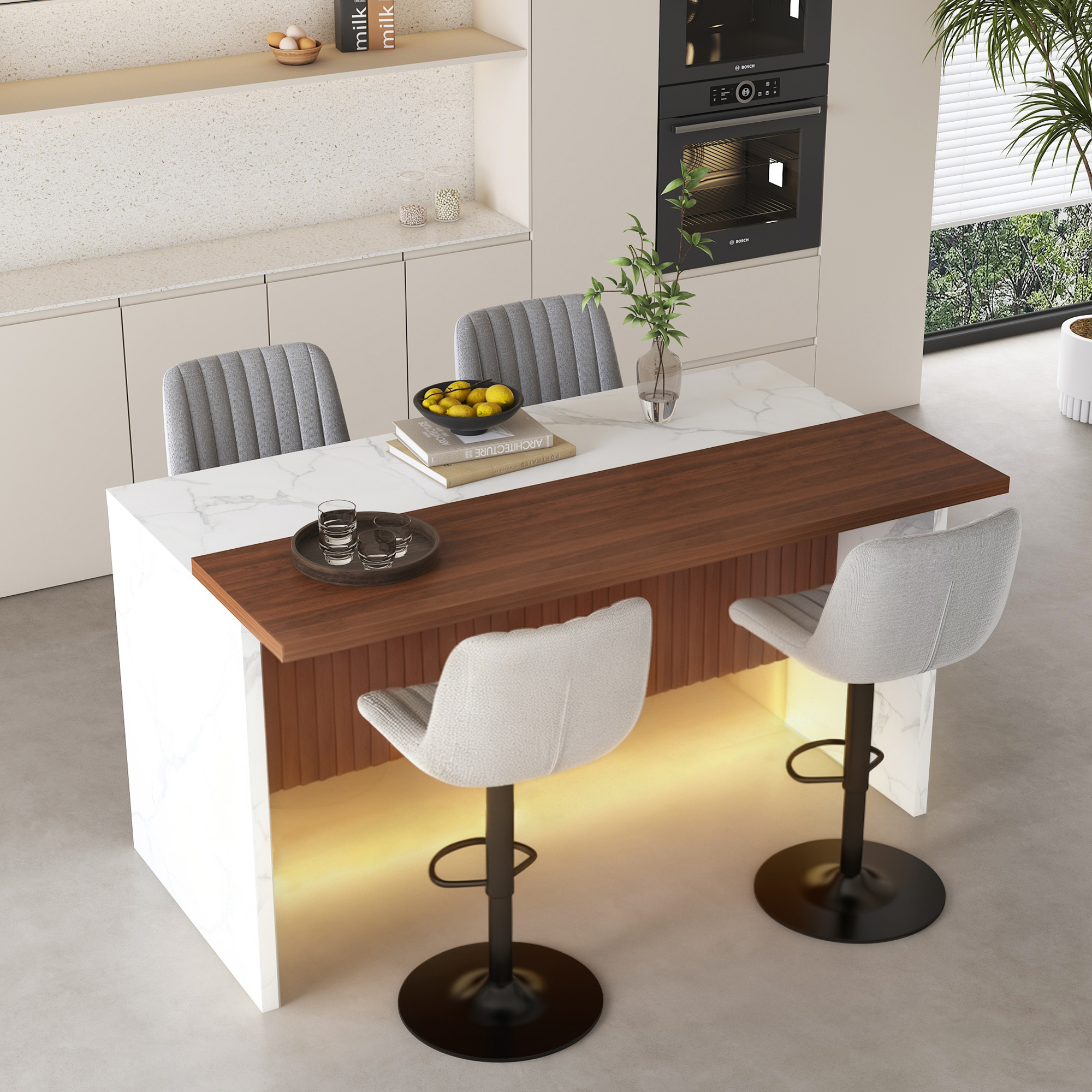 63" Modern Kitchen Island Set with LED Lighting & Marble Top - 4-Piece Dining Table with Gray Bar Stools for Open Concept Spaces